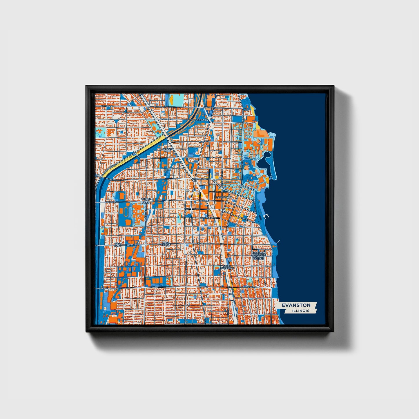 Evanston Illinois Colorful City Map Canvas Print • Black Framed