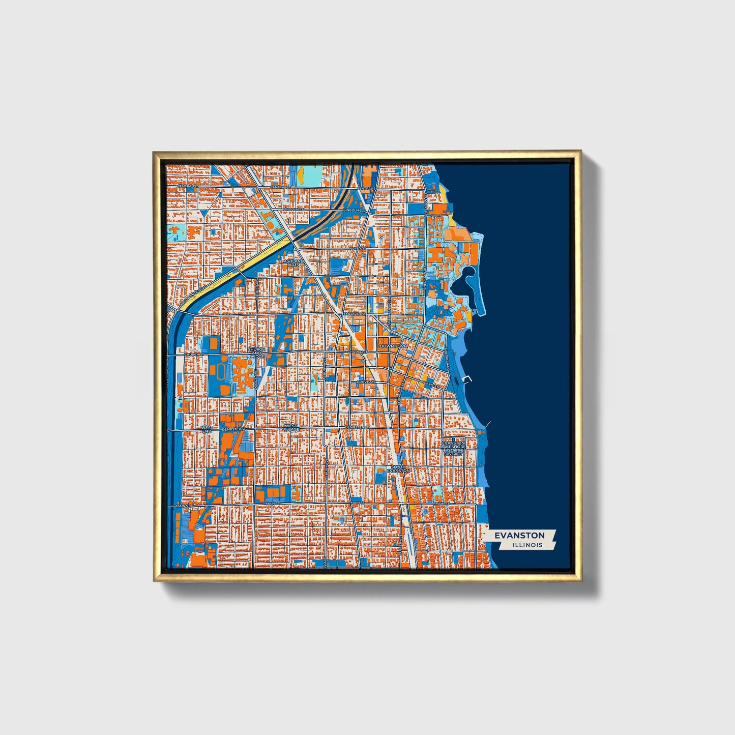 Evanston Illinois Colorful City Map Canvas Print • Gold Framed