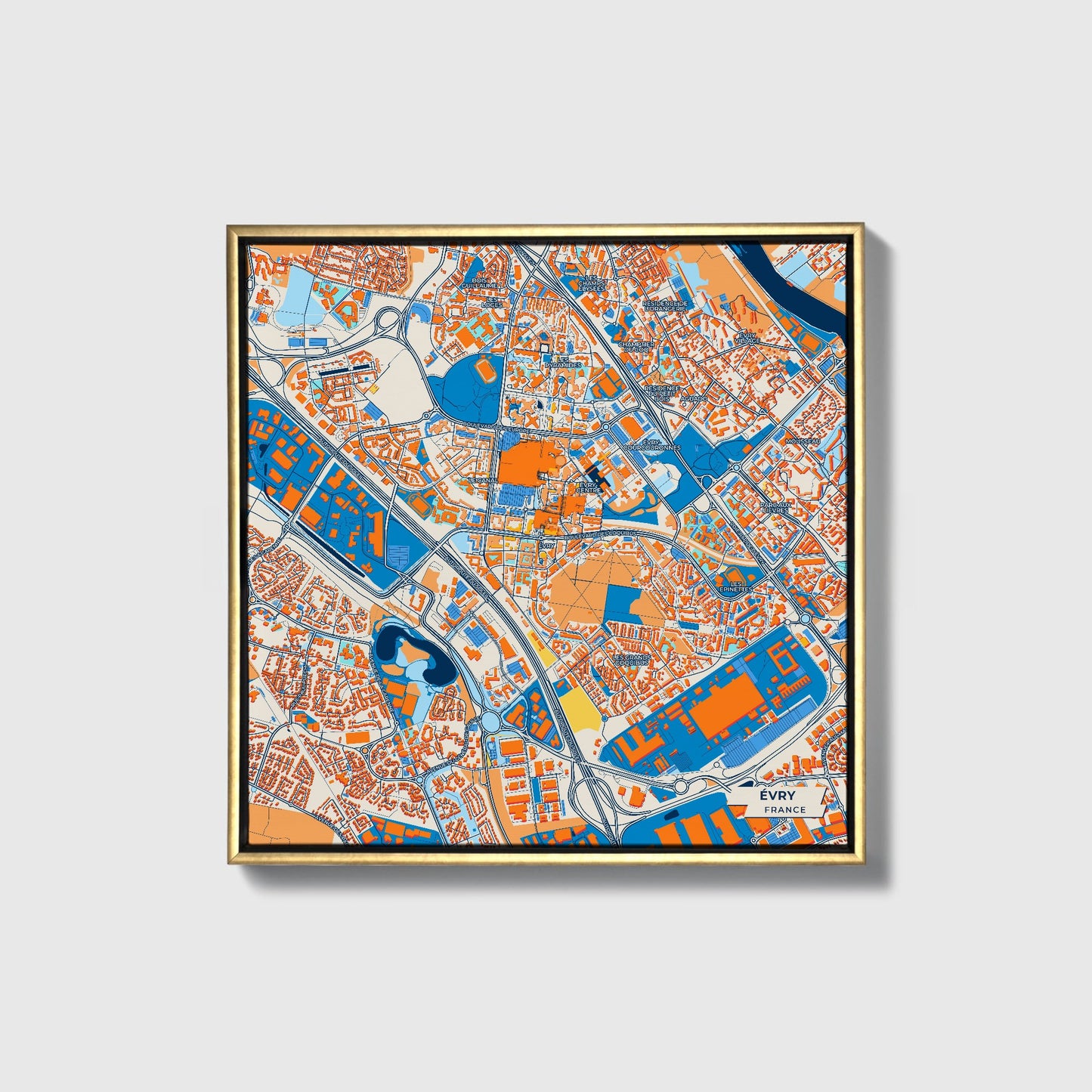 Évry France Colorful City Map Canvas Print • Gold Framed