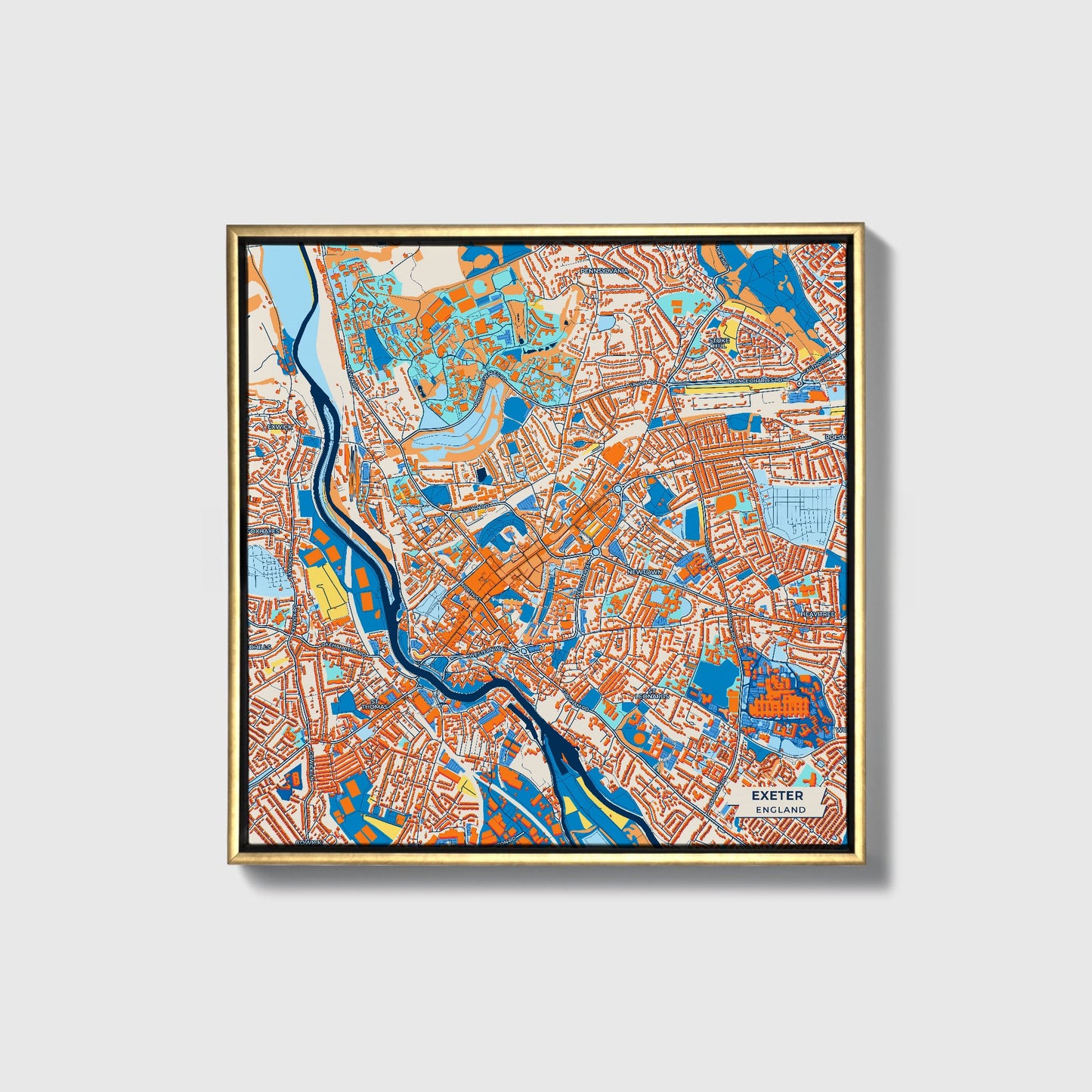 Exeter England Colorful City Map Canvas Print • Gold Framed
