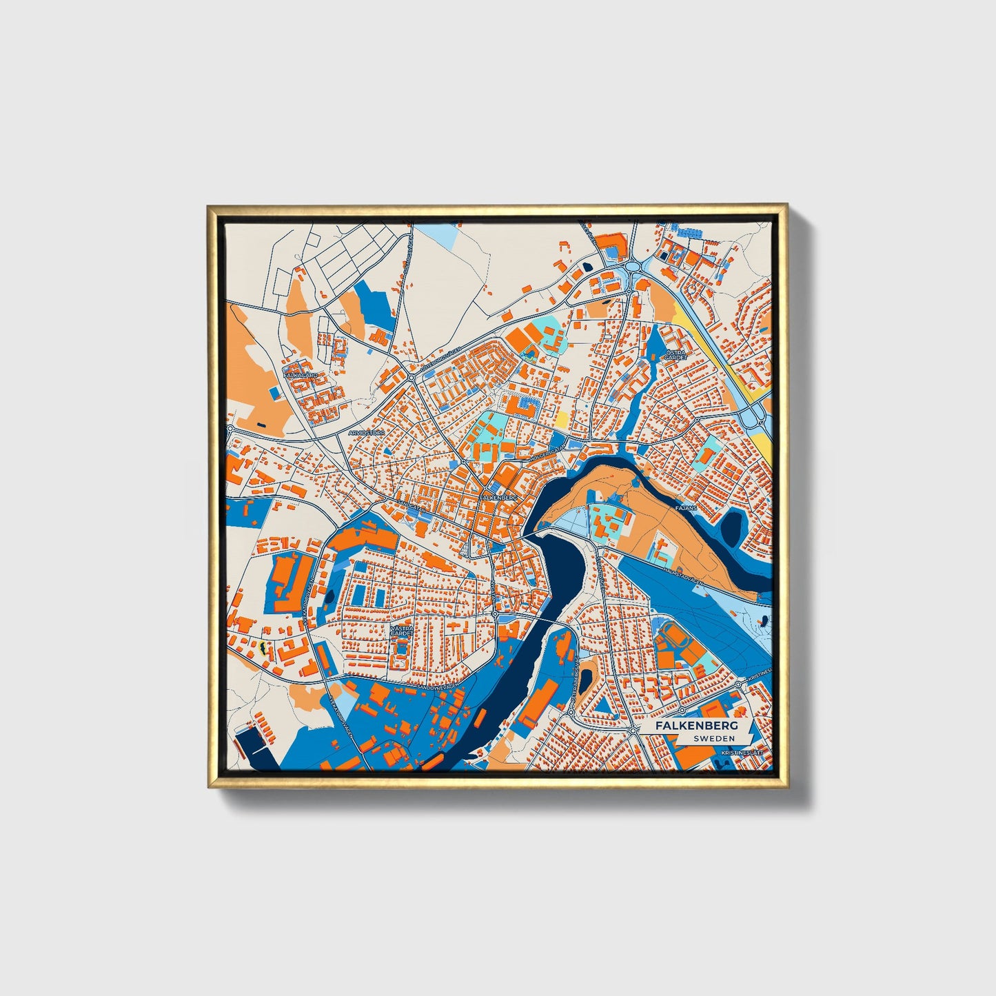 Falkenberg Sweden Colorful City Map Canvas Print • Gold Framed