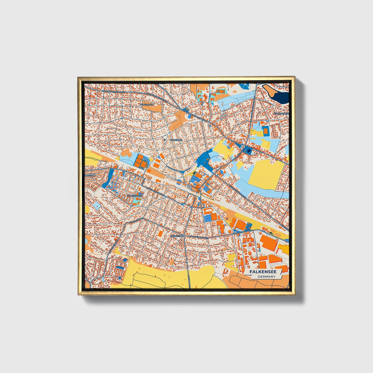 Falkensee Germany Colorful City Map Canvas Print • Gold Framed