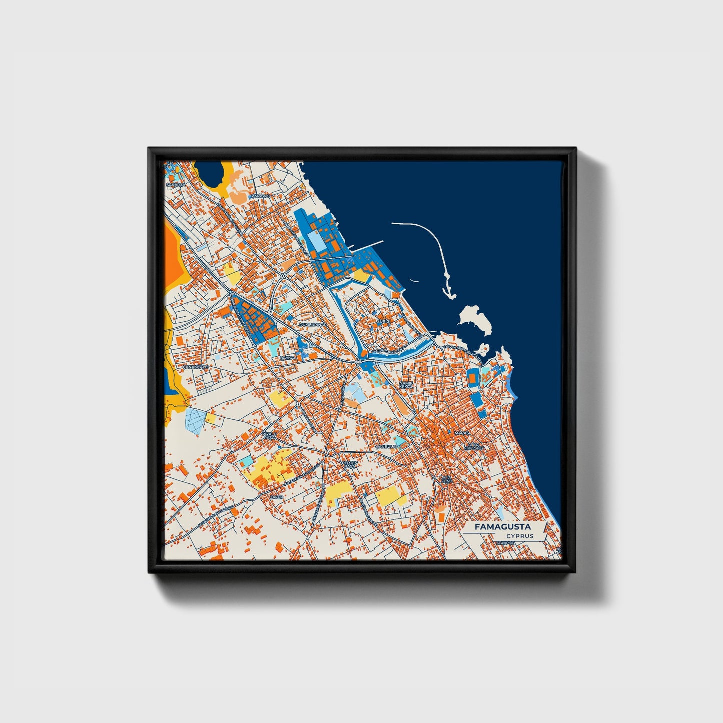 Famagusta Cyprus Colorful City Map Canvas Print • Black Framed