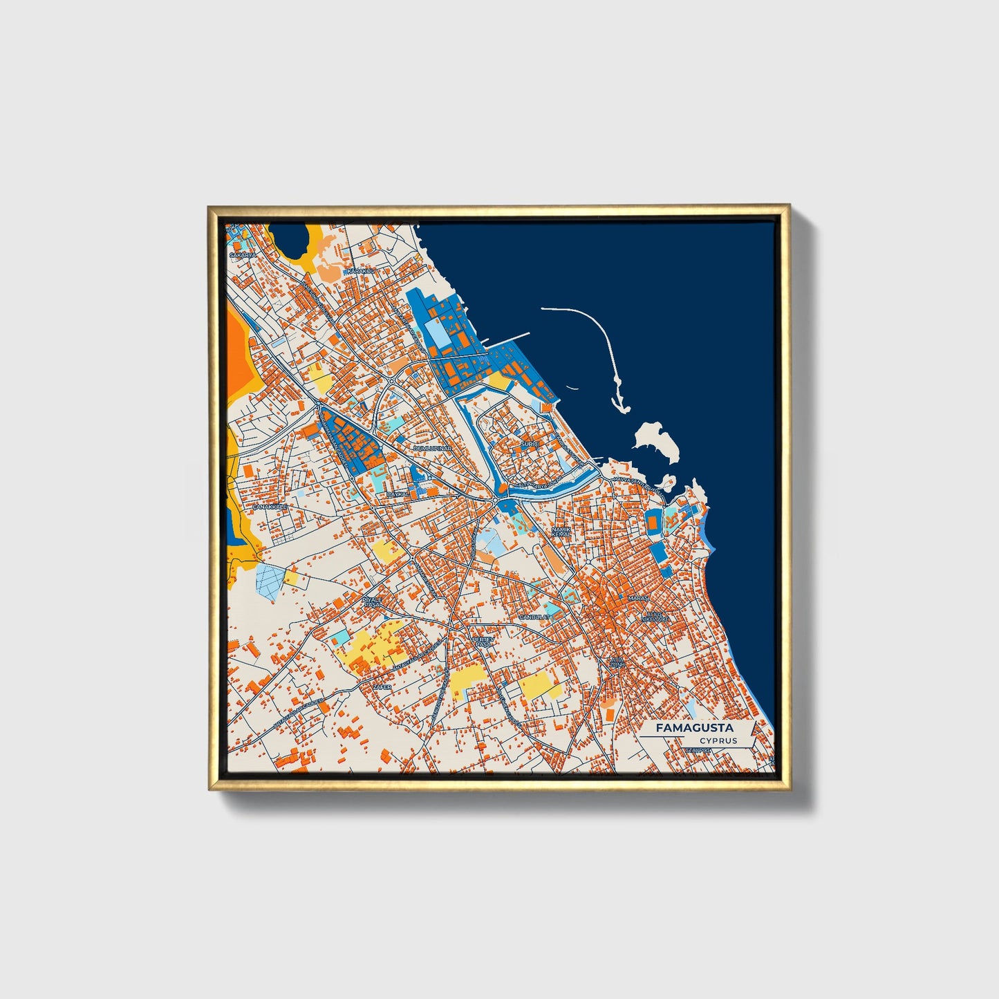 Famagusta Cyprus Colorful City Map Canvas Print • Gold Framed