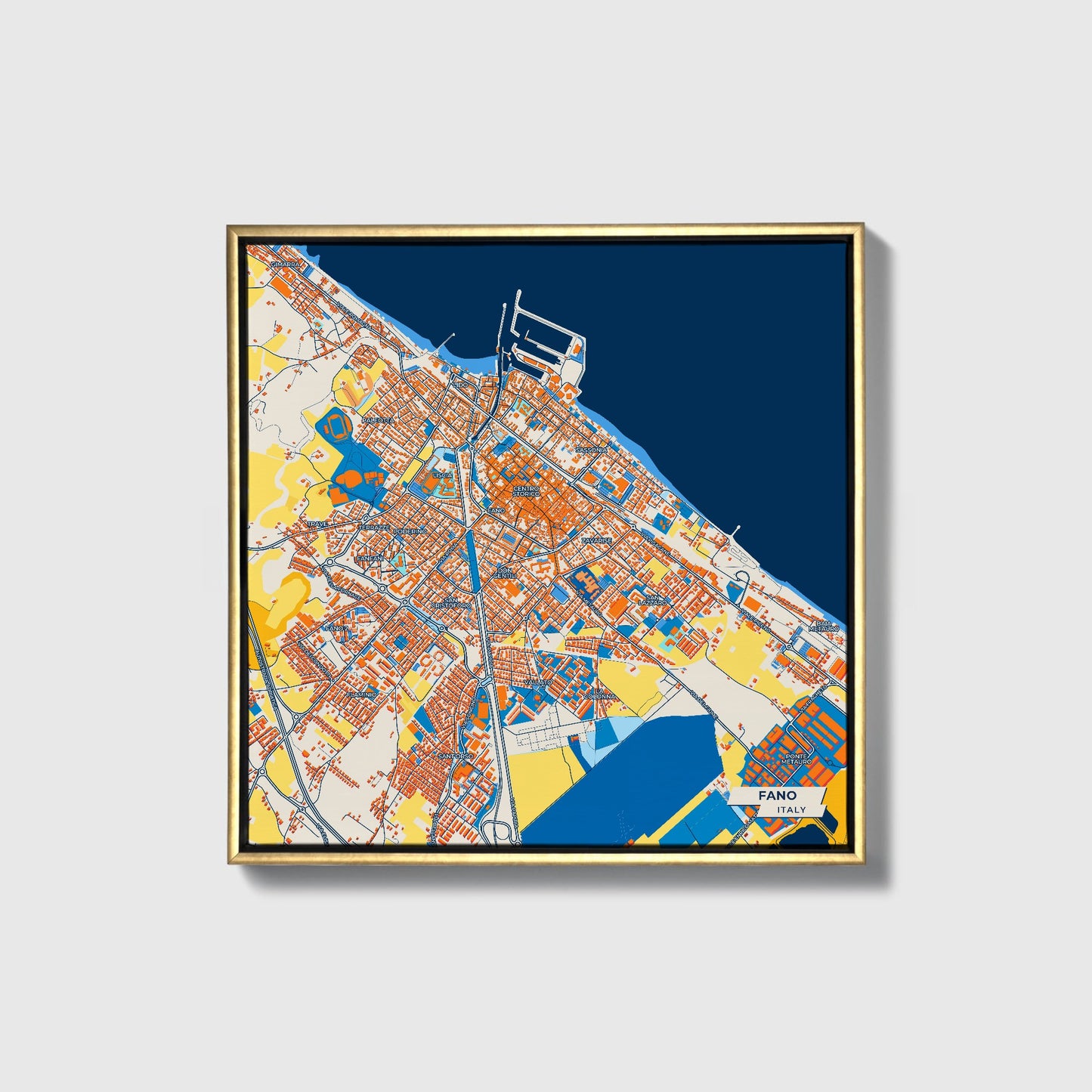 Fano Italy Colorful City Map Canvas Print • Gold Framed