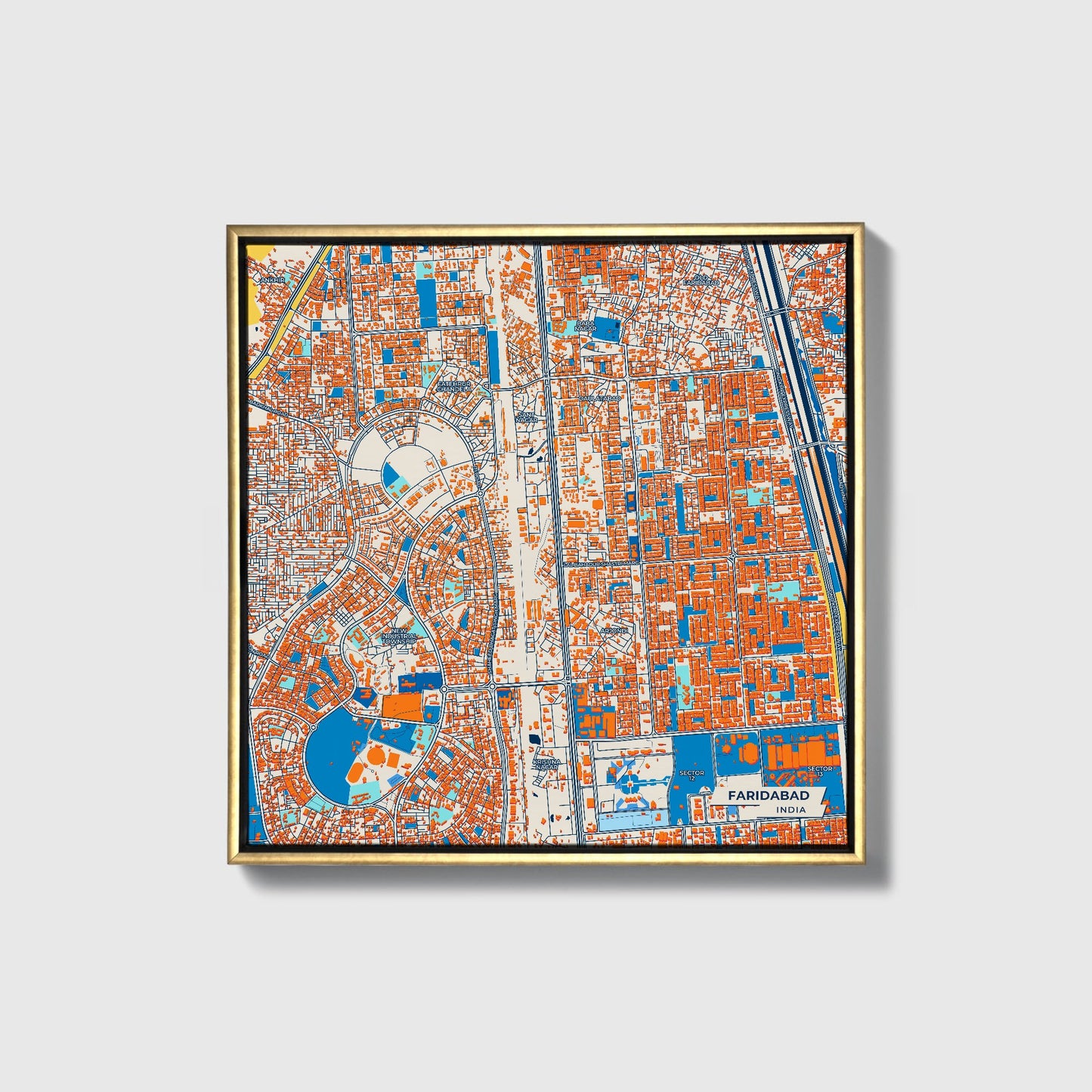 Faridabad India Colorful City Map Canvas Print • Gold Framed