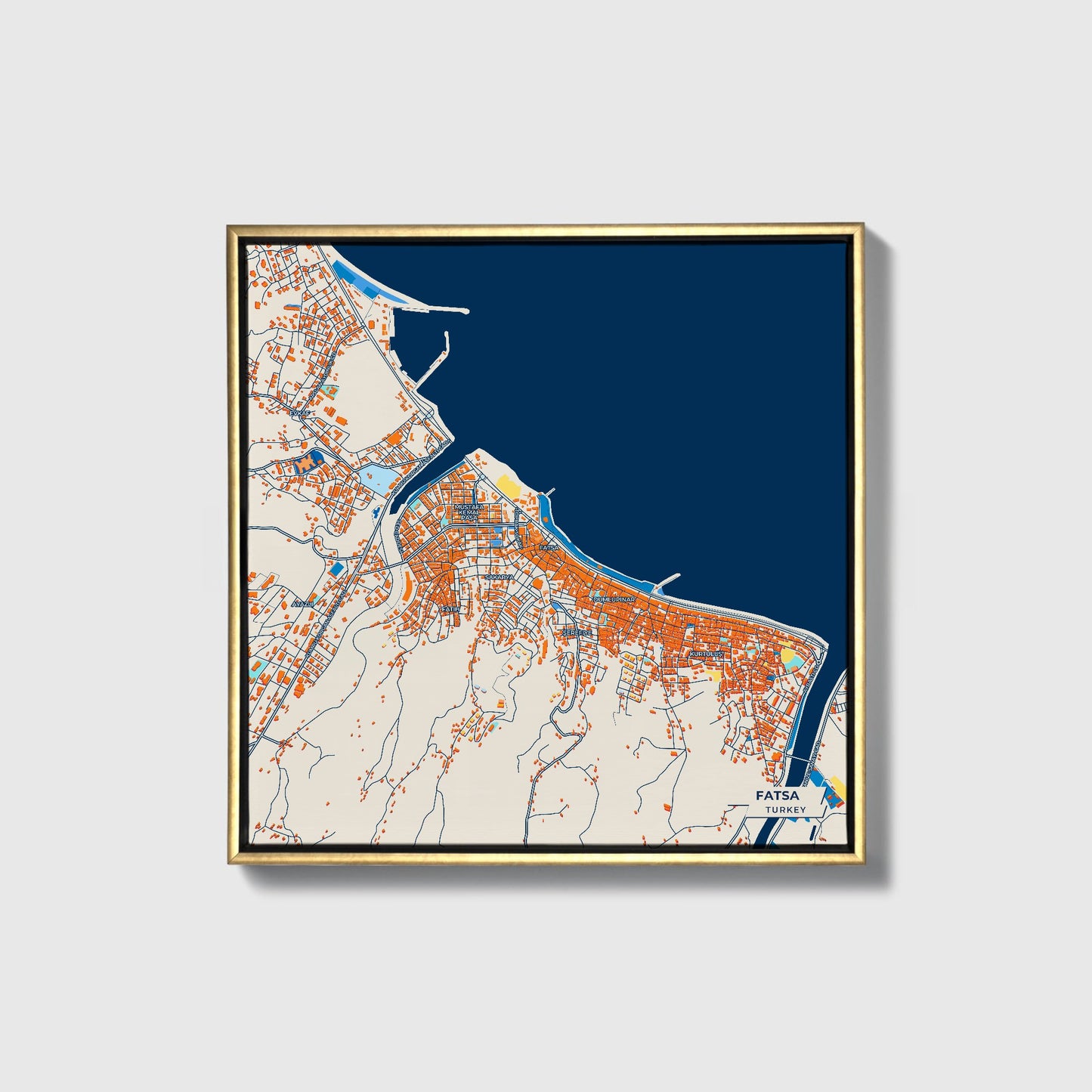 Fatsa Turkey Colorful City Map Canvas Print • Gold Framed