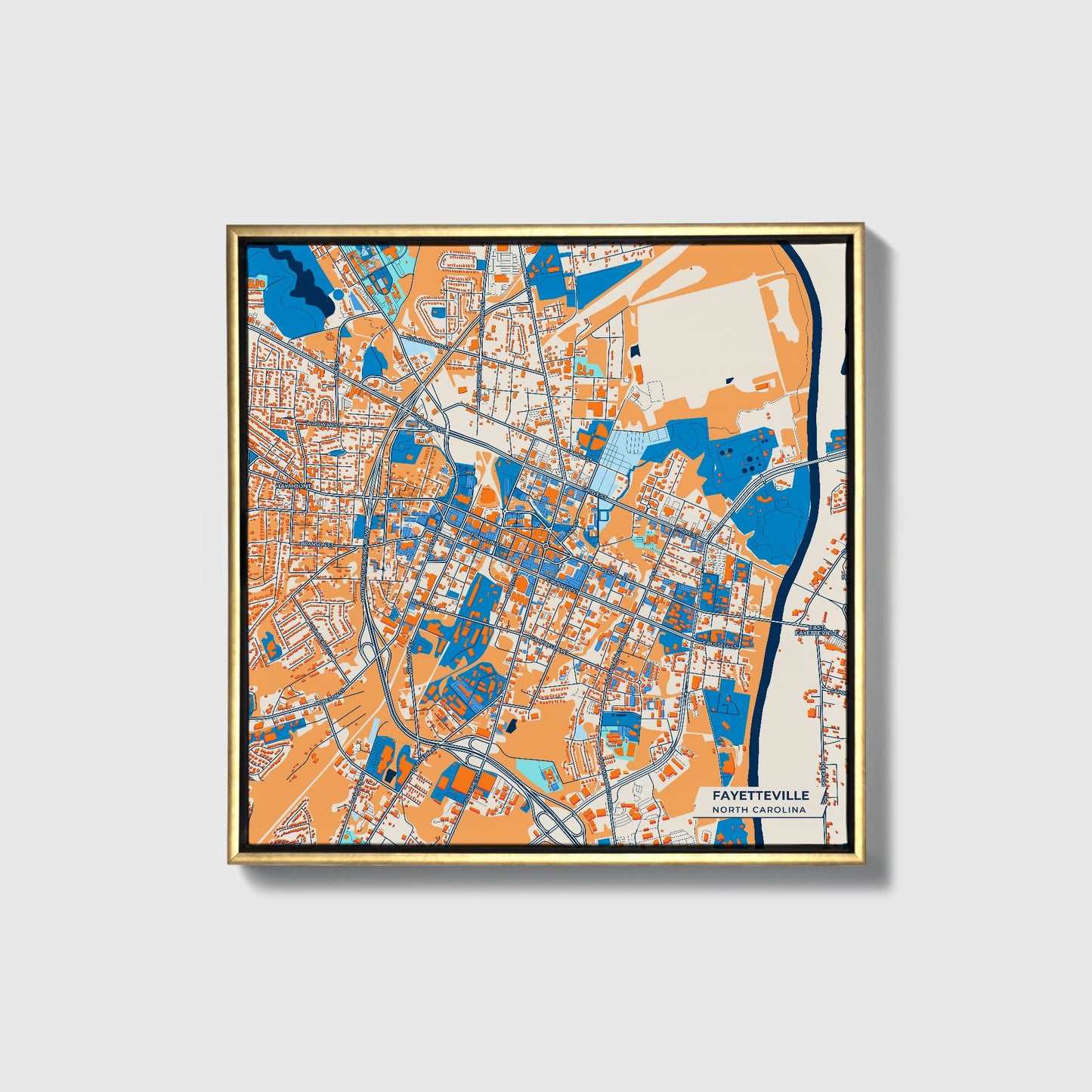 Fayetteville North Carolina Colorful City Map Canvas Print • Gold Framed