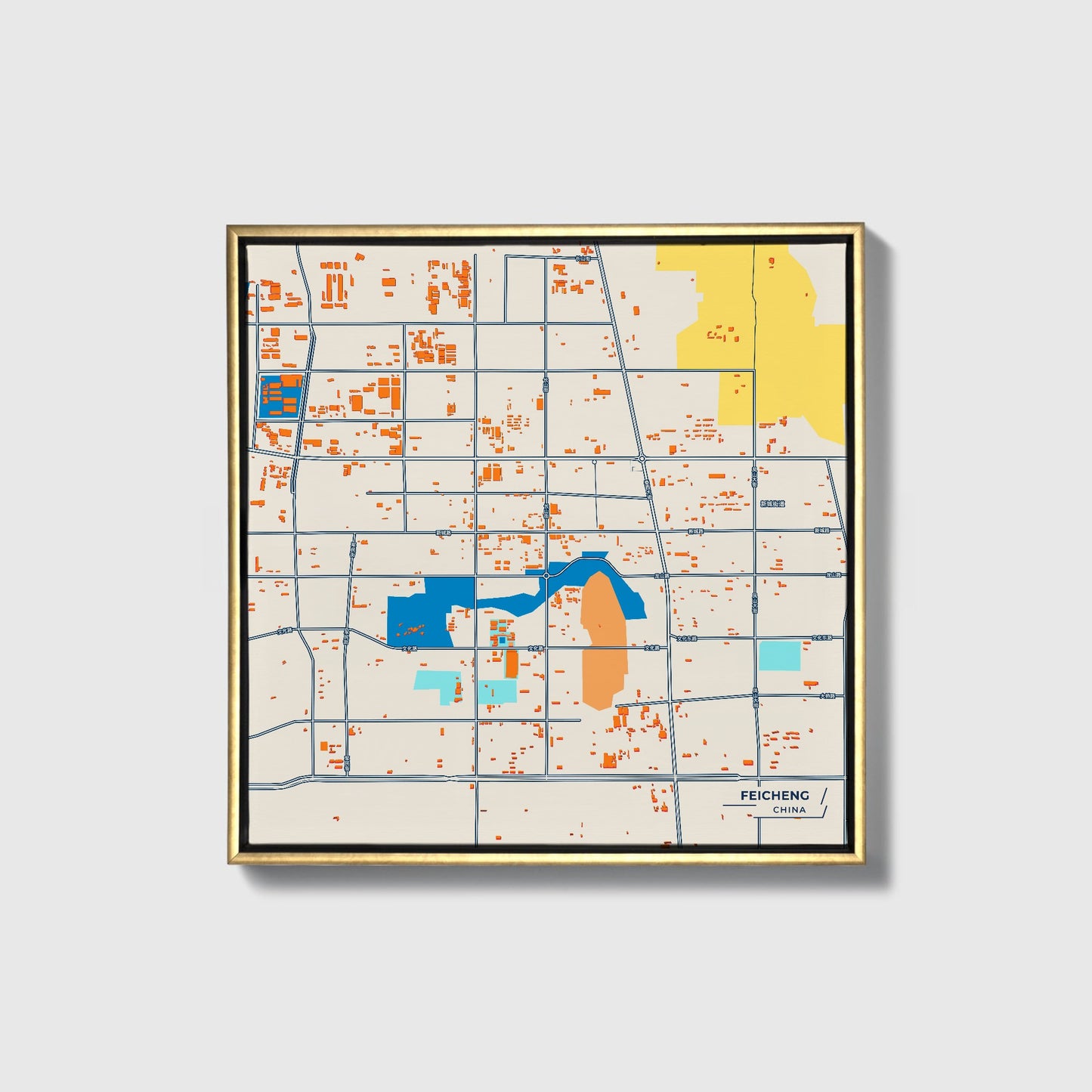 Feicheng China Colorful City Map Canvas Print • Gold Framed