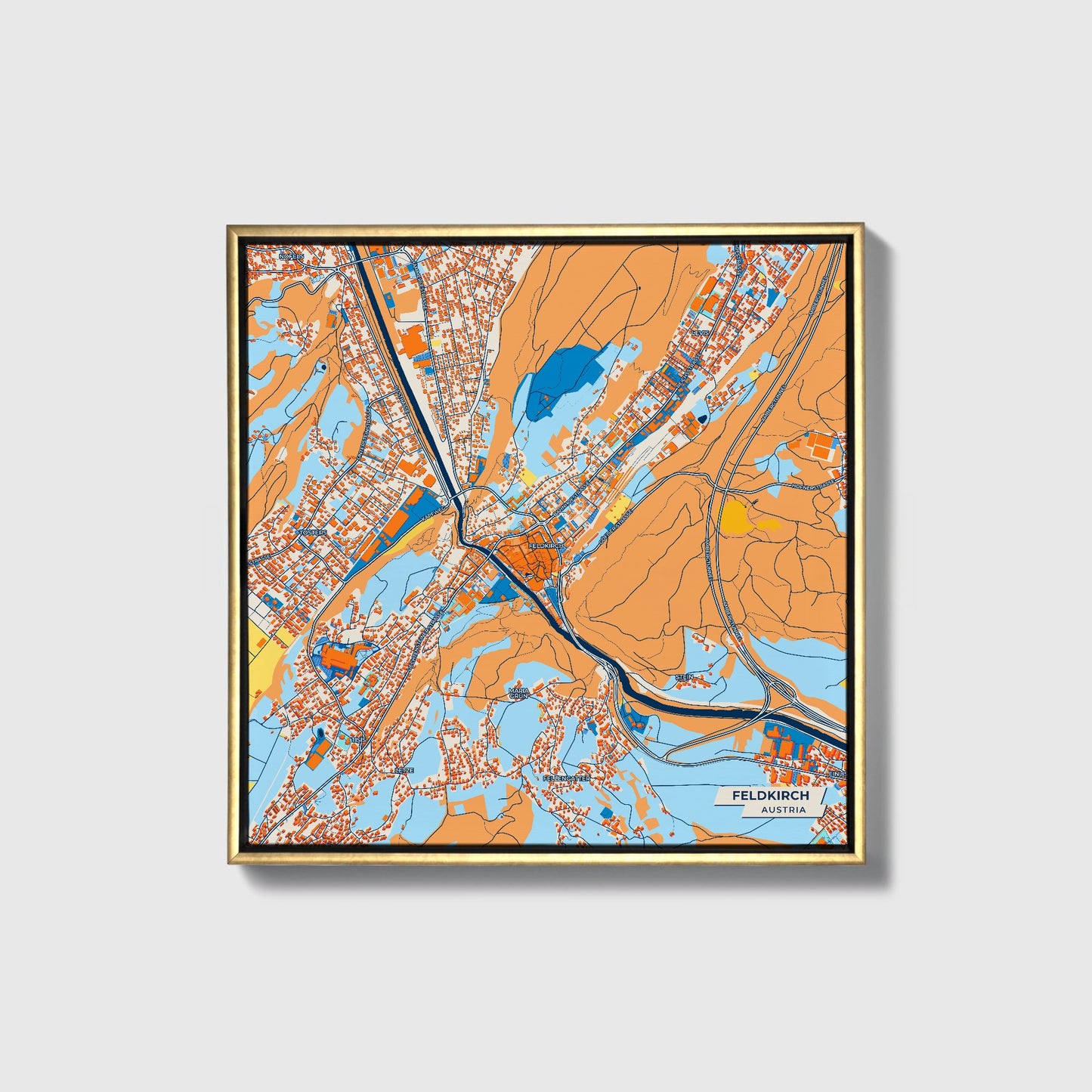 Feldkirch Austria Colorful City Map Canvas Print • Gold Framed