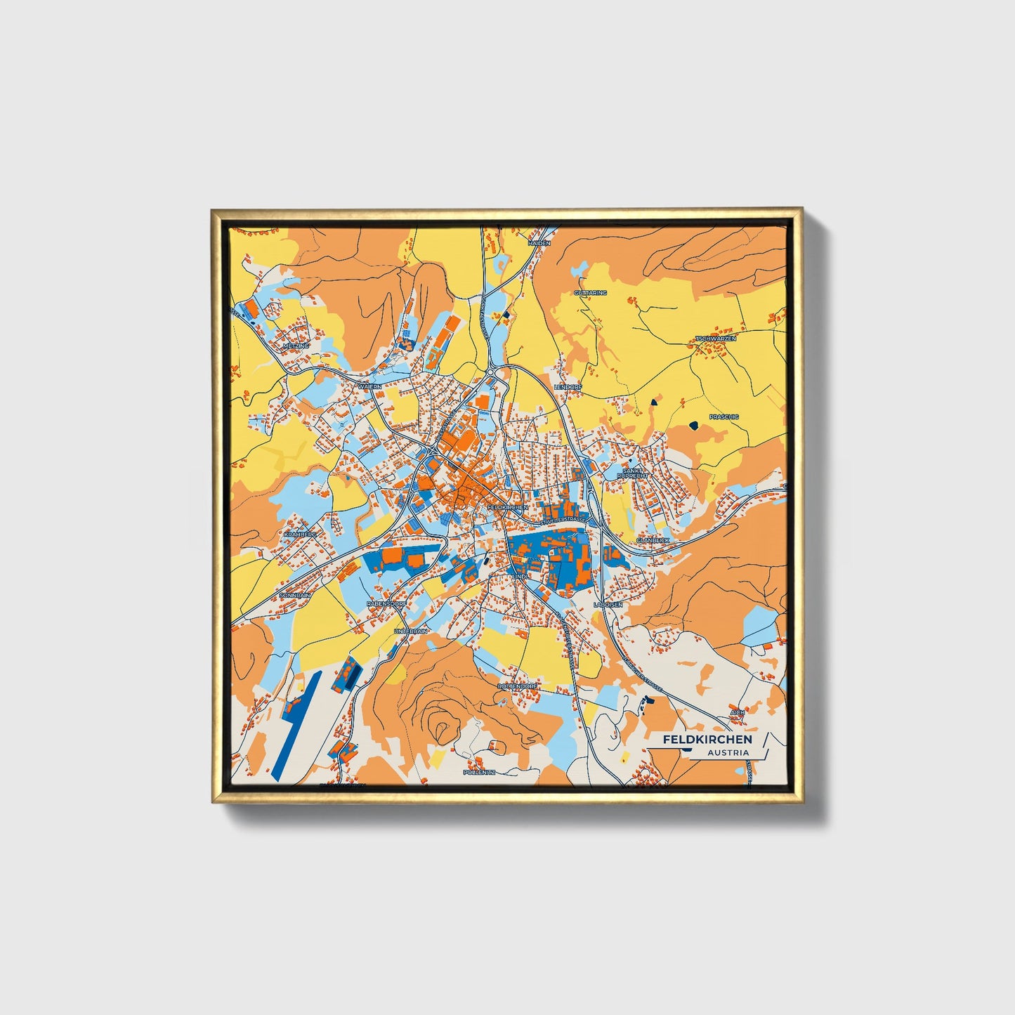 Feldkirchen Austria Colorful City Map Canvas Print • Gold Framed