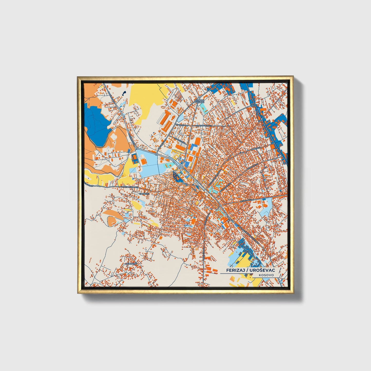 Ferizaj Kosovo Colorful City Map Canvas Print • Gold Framed