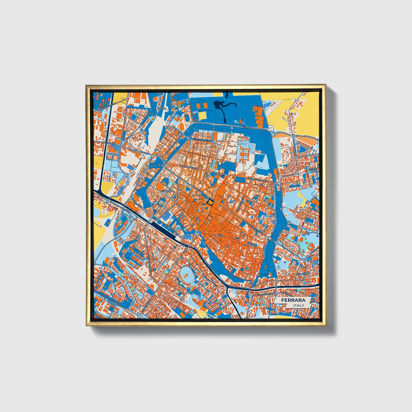 Ferrara Italy Colorful City Map Canvas Print • Gold Framed