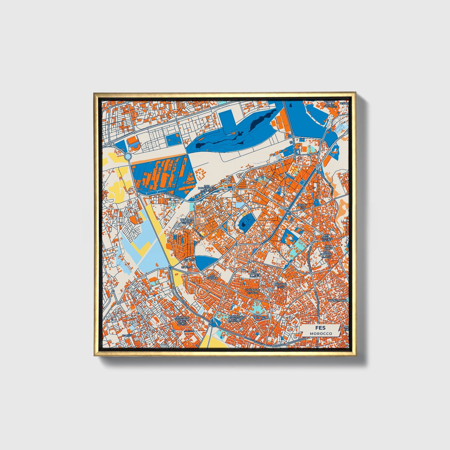 Fes Morocco Colorful City Map Canvas Print • Gold Framed