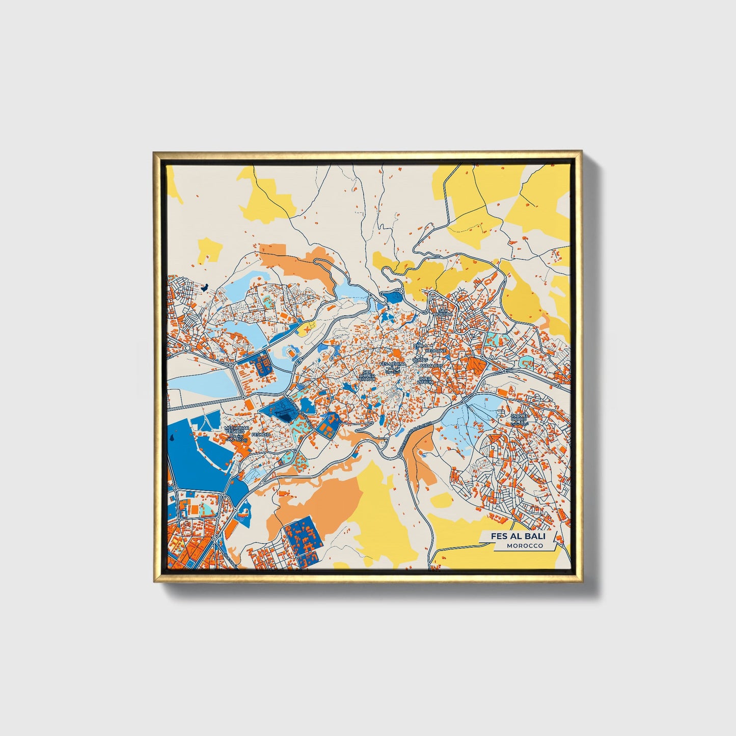 Fes Al Bali Morocco Colorful City Map Canvas Print • Gold Framed