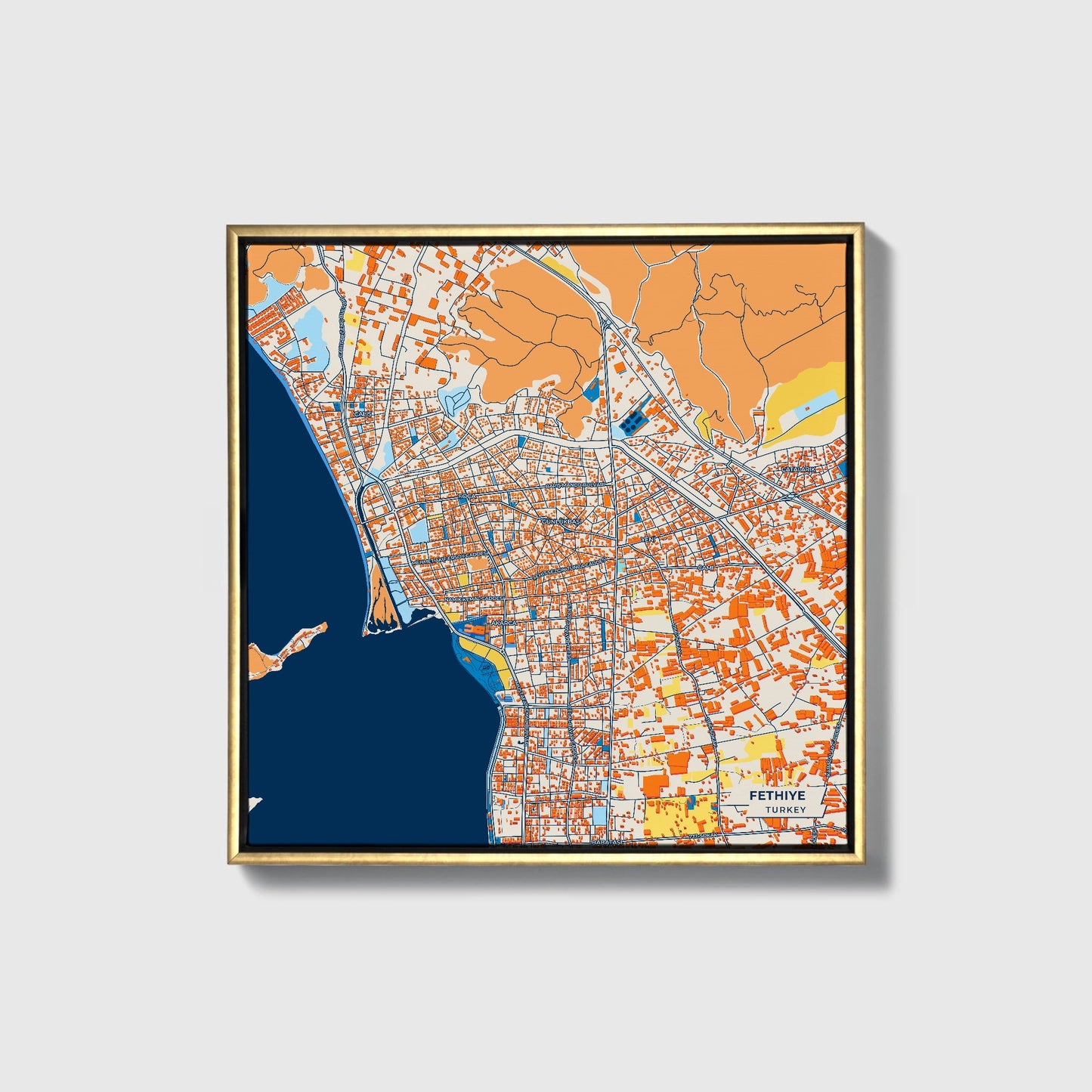 Fethi̇ye Turkey Colorful City Map Canvas Print • Gold Framed