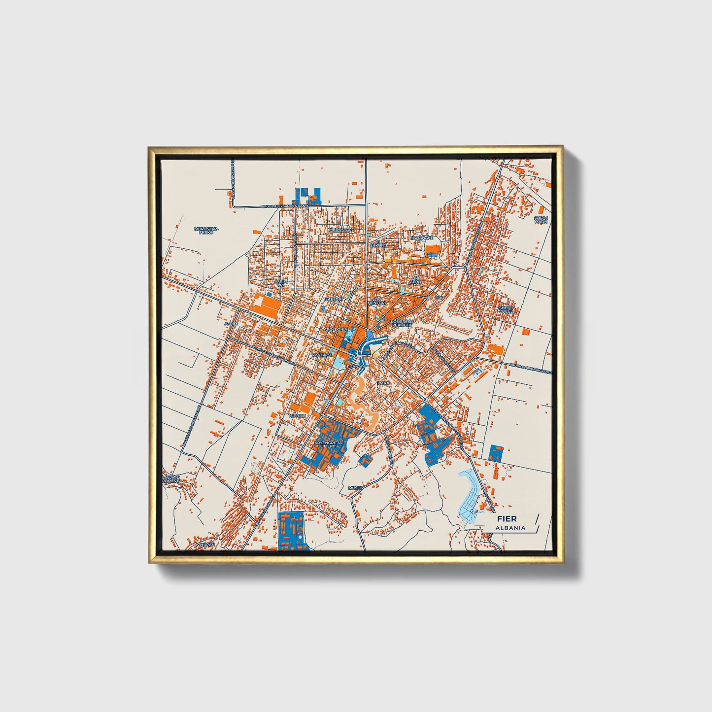 Fier Albania Colorful City Map Canvas Print • Gold Framed