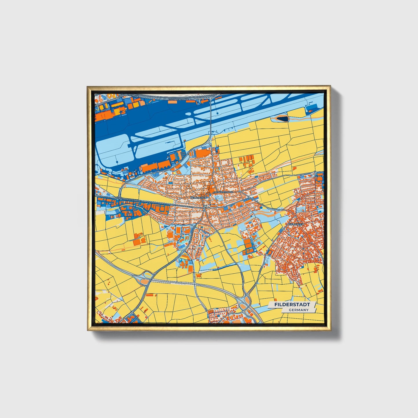 Filderstadt Germany Colorful City Map Canvas Print • Gold Framed