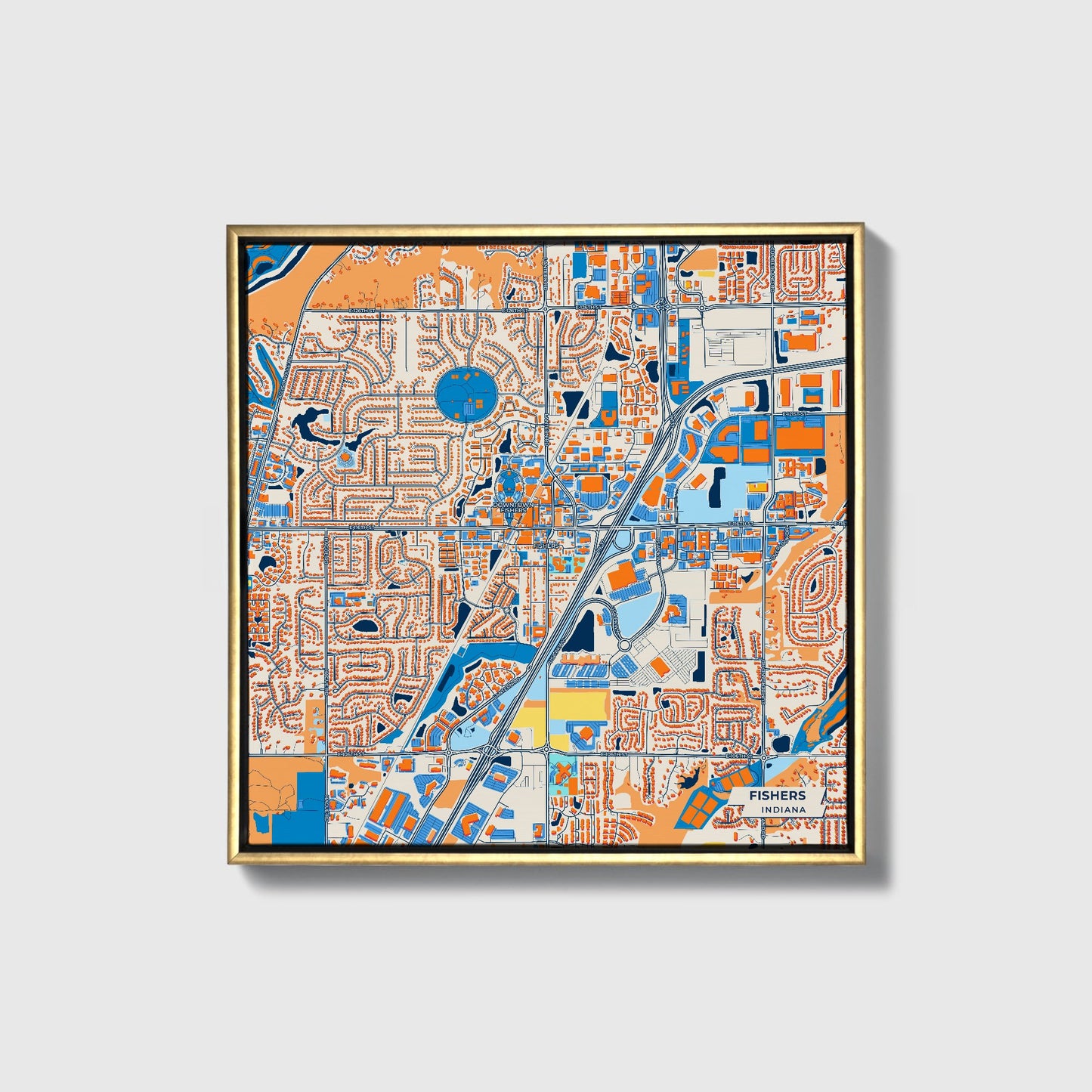 Fishers Indiana Colorful City Map Canvas Print • Gold Framed