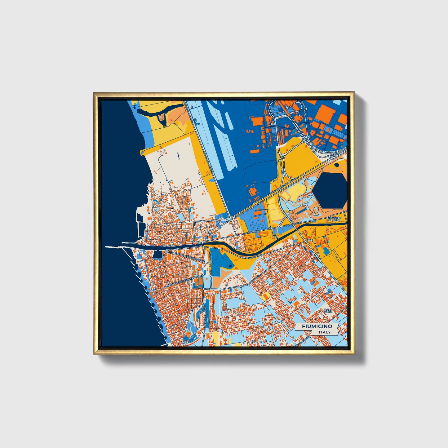 Fiumicino Italy Colorful City Map Canvas Print • Gold Framed