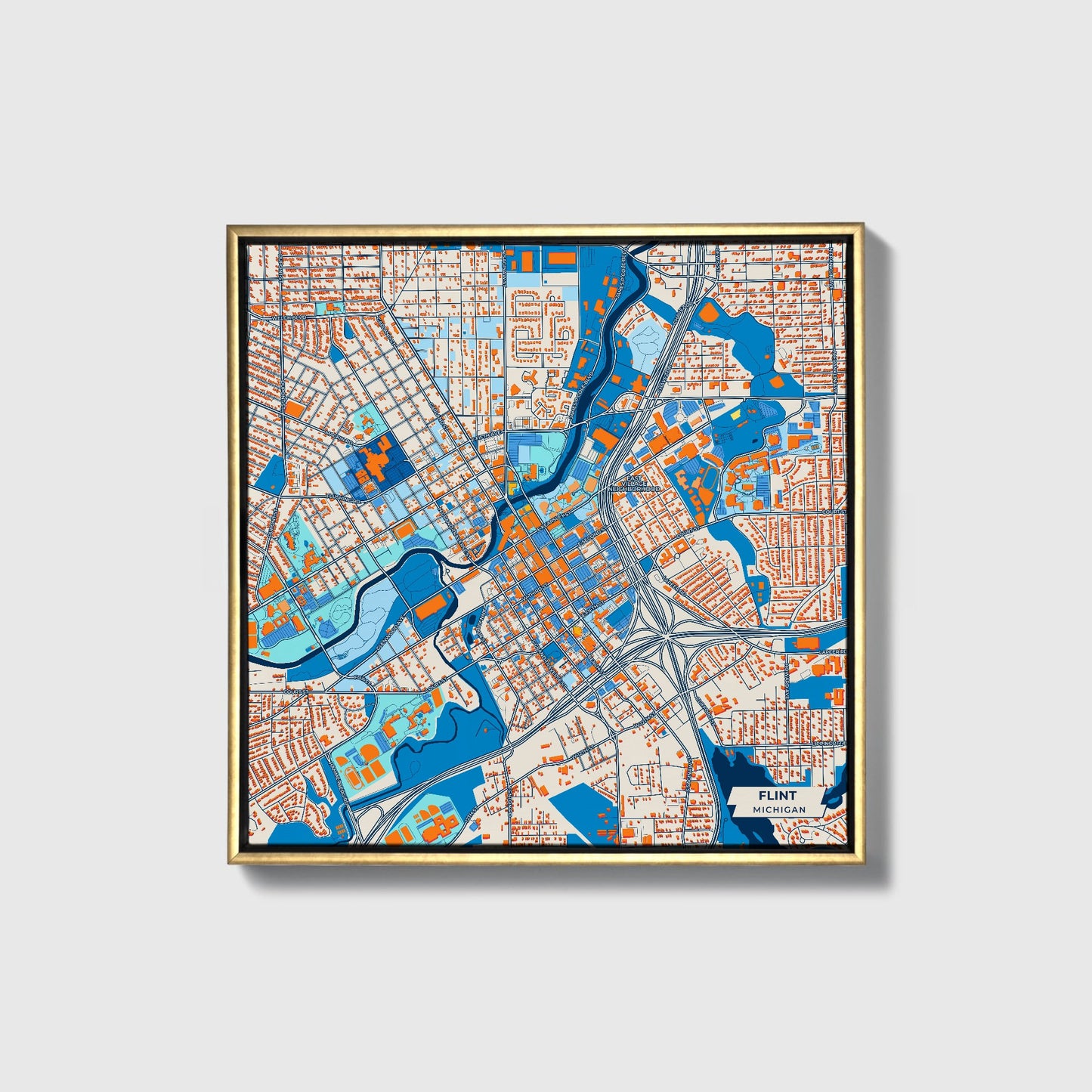 Flint Michigan Colorful City Map Canvas Print • Gold Framed