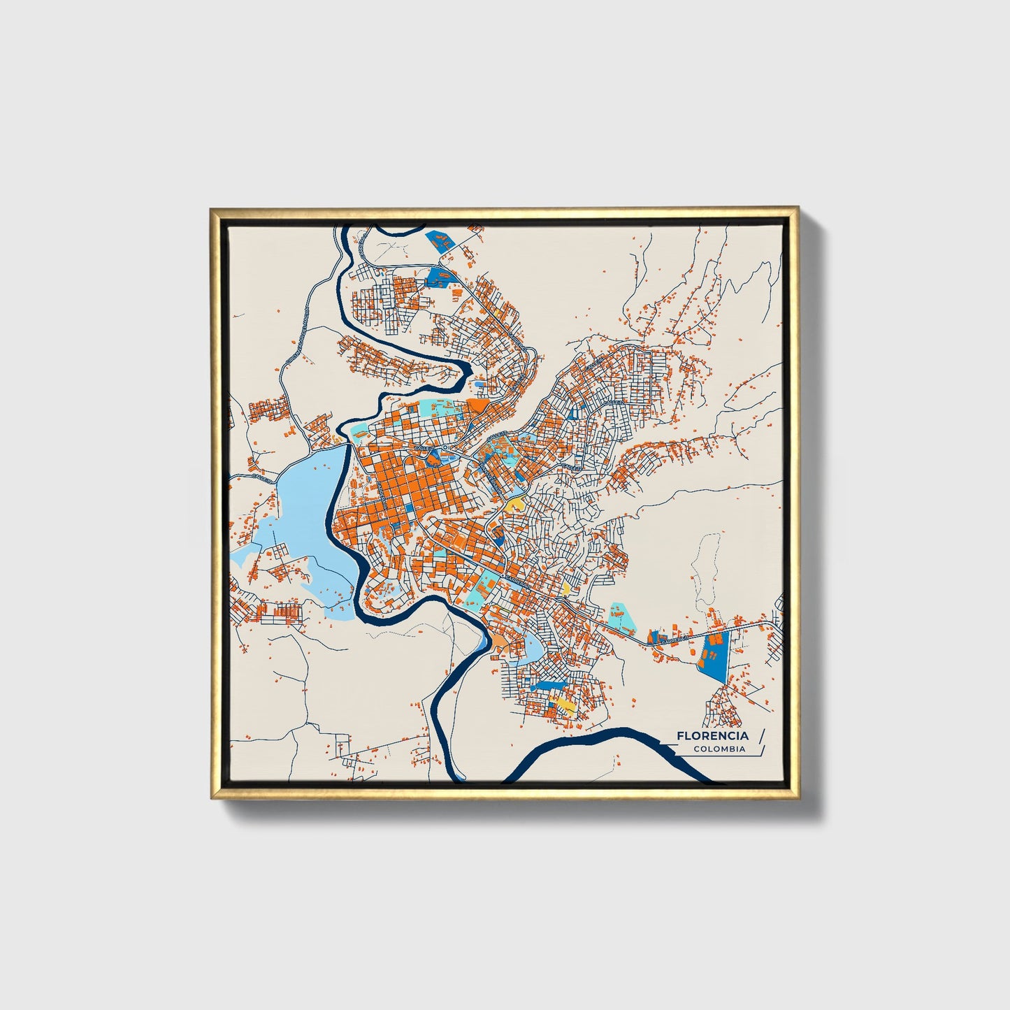 Florencia Colombia Colorful City Map Canvas Print • Gold Framed