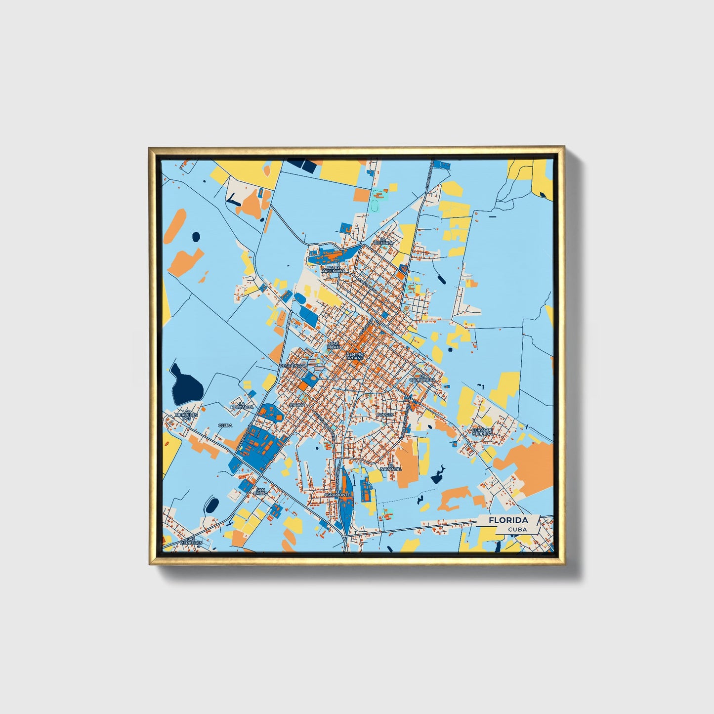 Florida Cuba Colorful City Map Canvas Print • Gold Framed