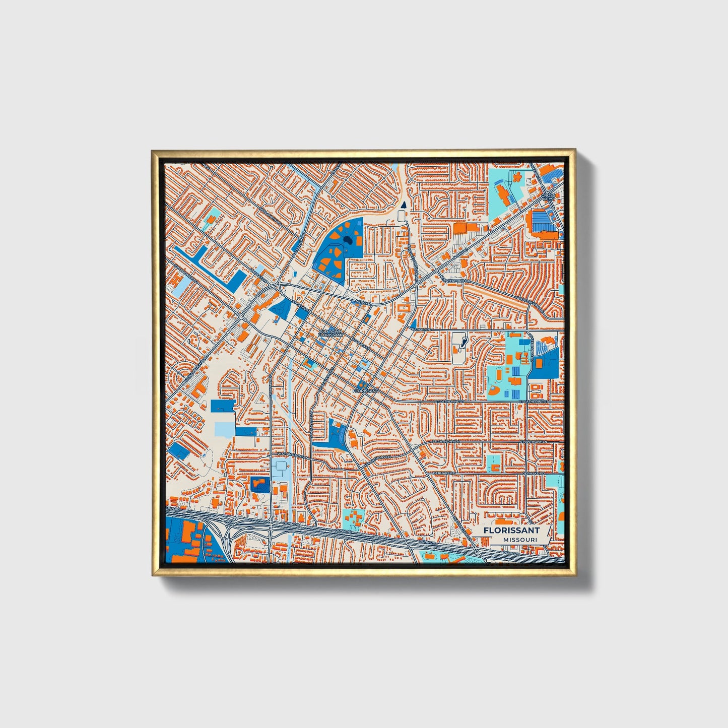 Florissant Missouri Colorful City Map Canvas Print • Gold Framed