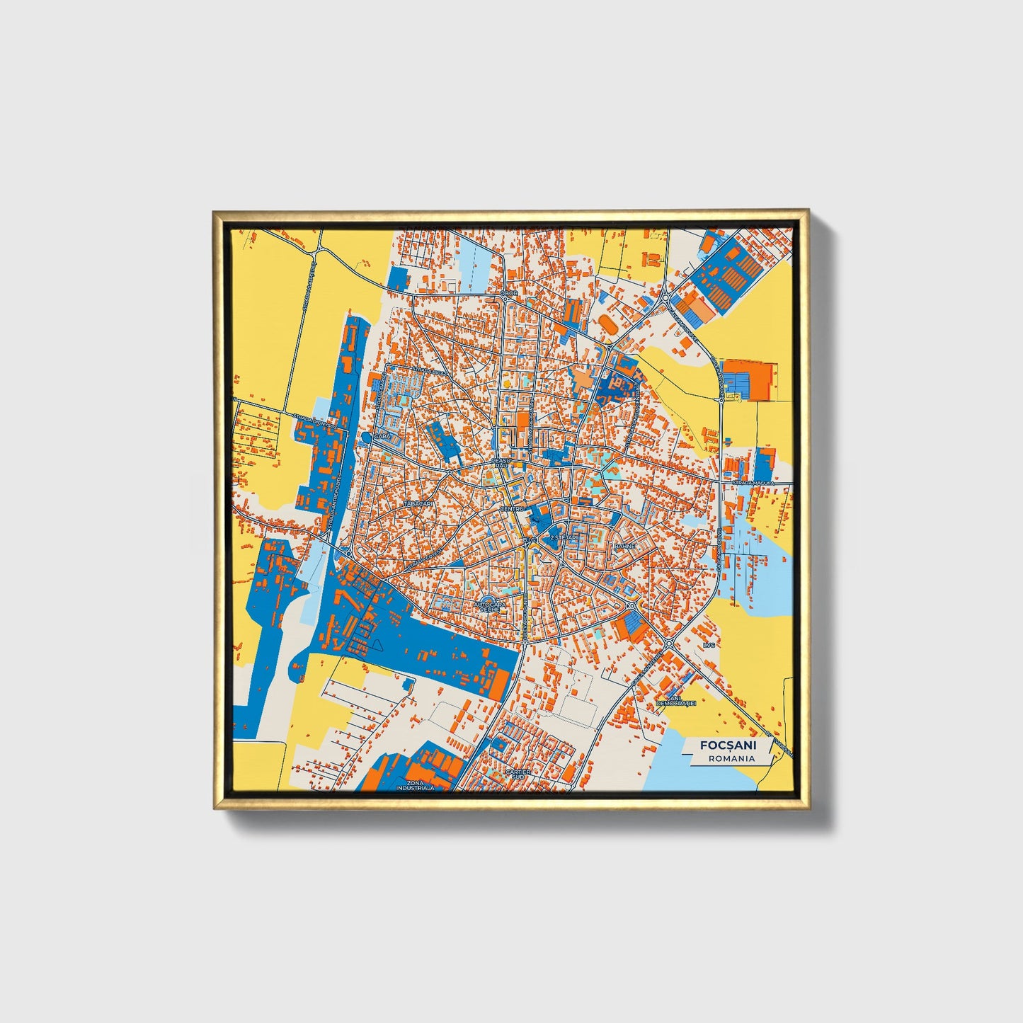 Focșani Romania Colorful City Map Canvas Print • Gold Framed
