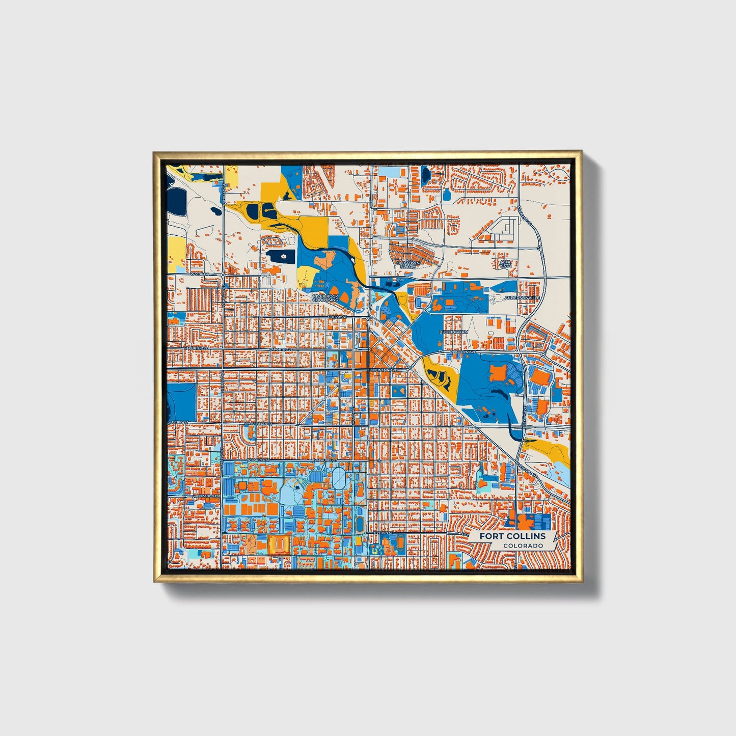 Fort Collins Colorado Colorful City Map Canvas Print • Gold Framed