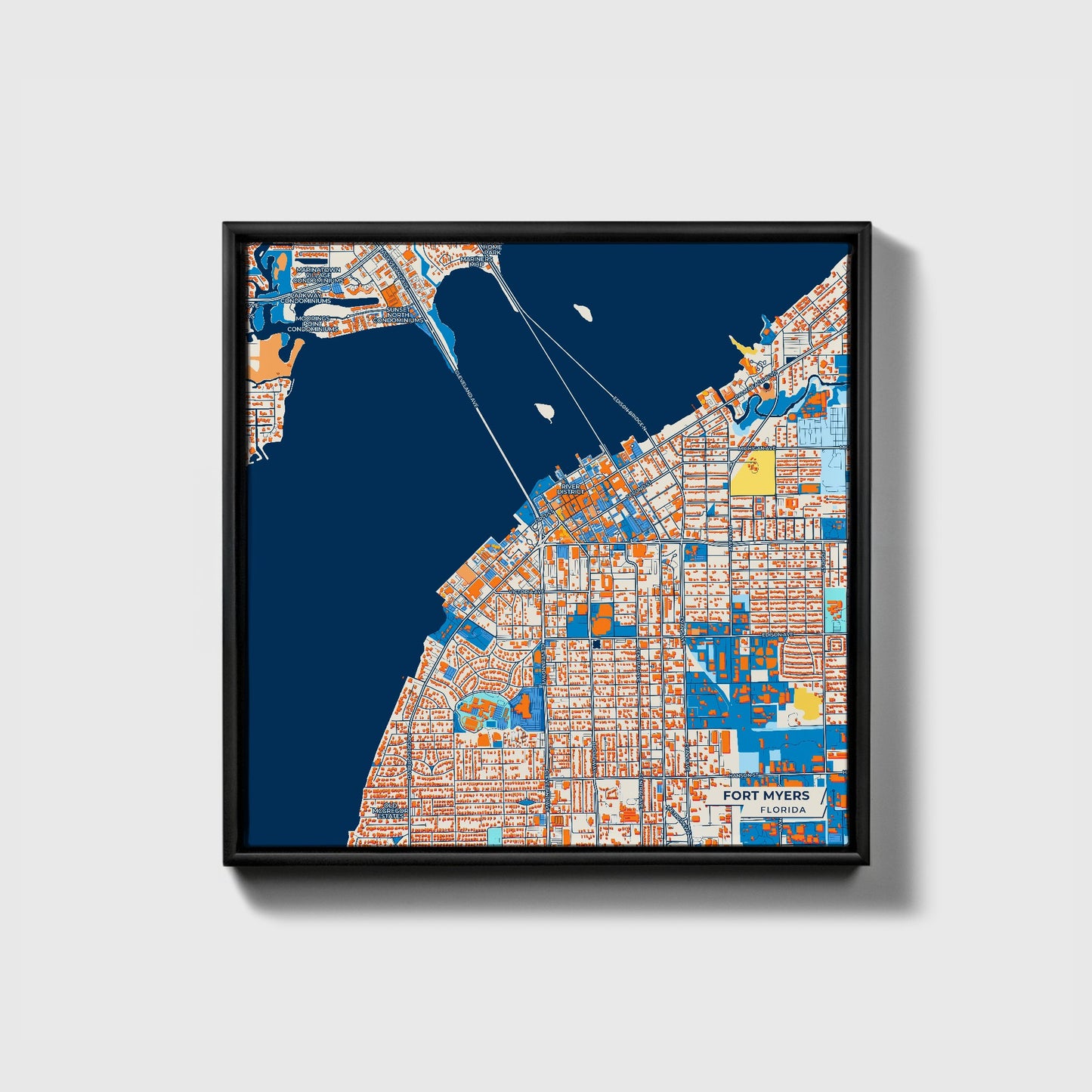 Fort Myers Florida Colorful City Map Canvas Print • Black Framed