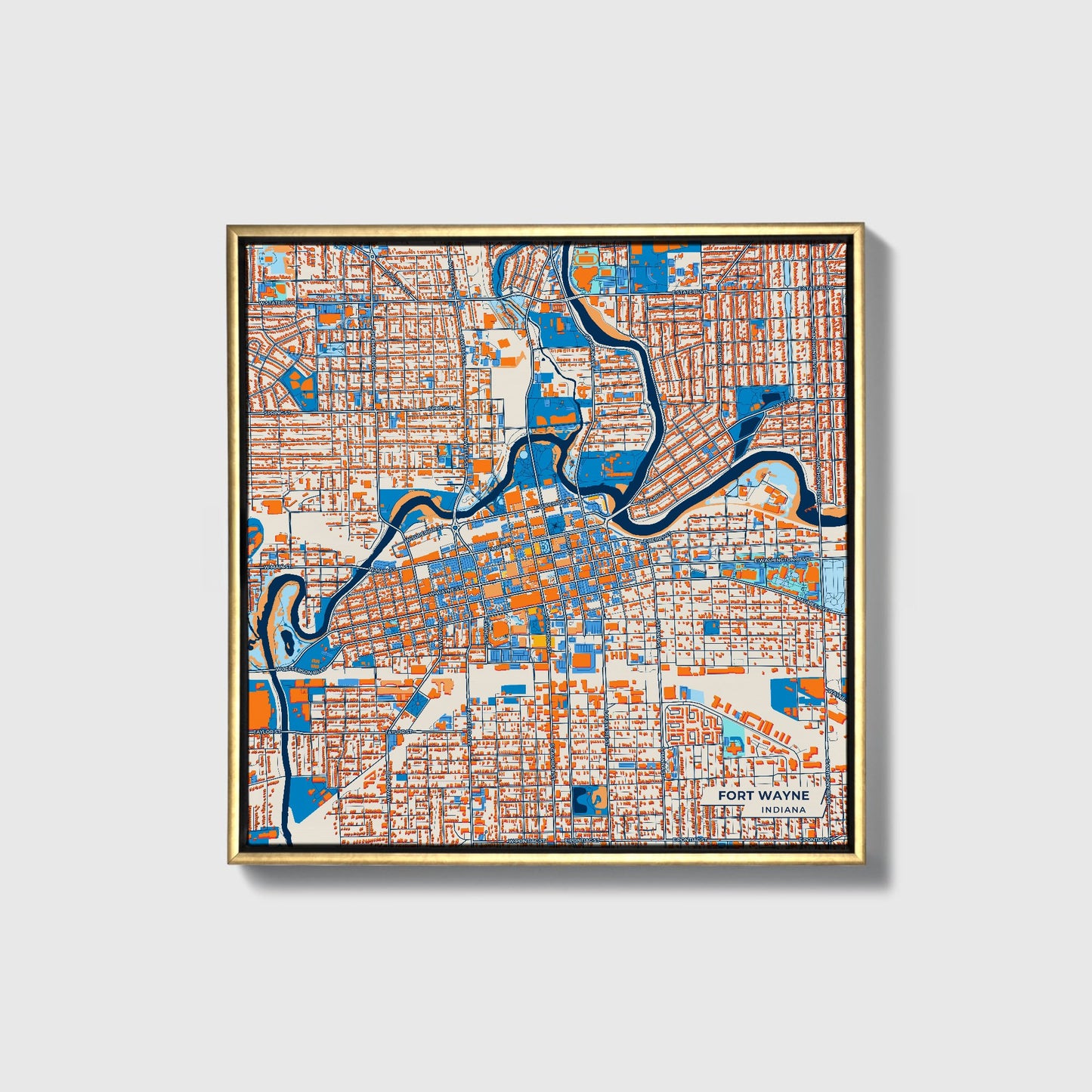 Fort Wayne Indiana Colorful City Map Canvas Print • Gold Framed