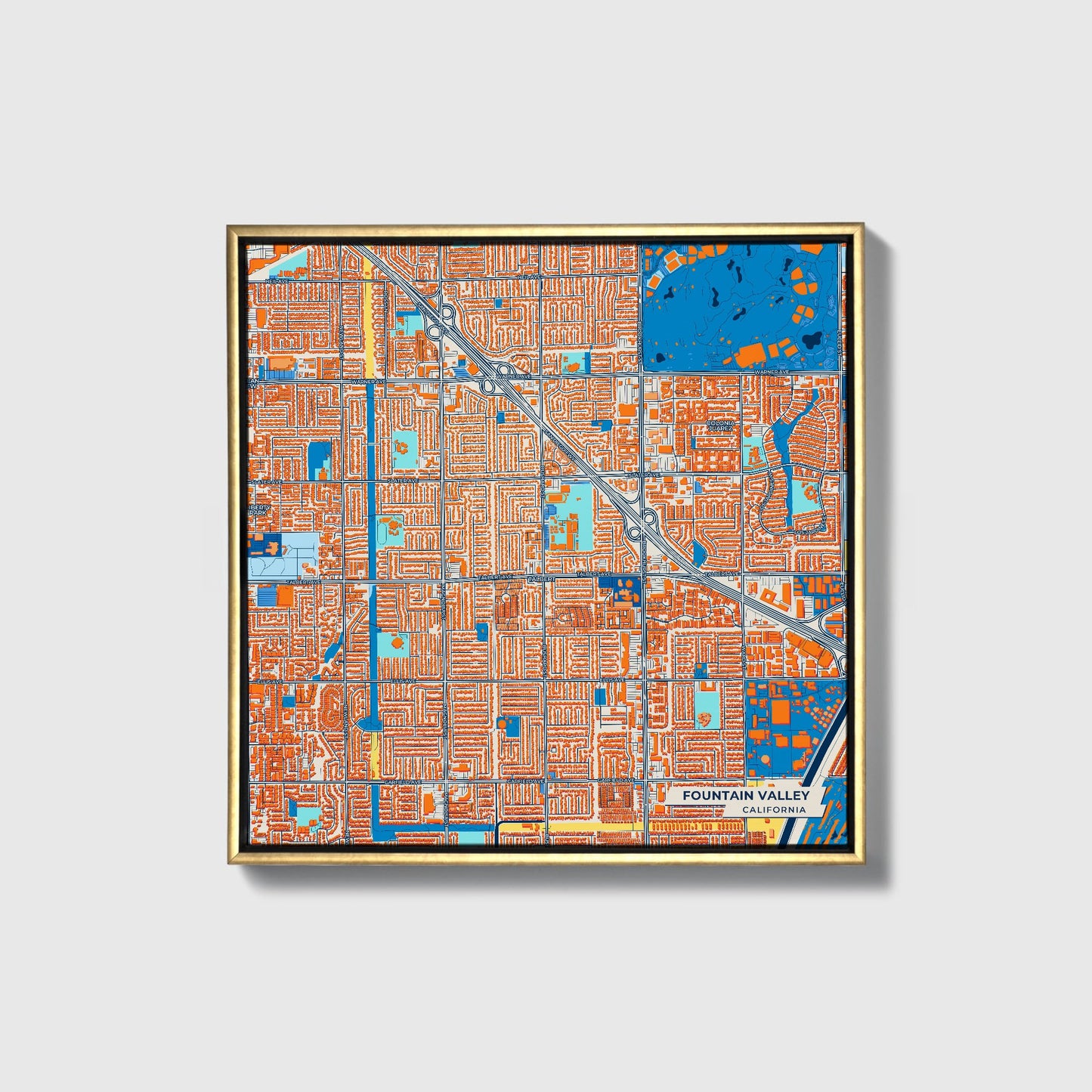 Fountain Valley California Colorful City Map Canvas Print • Gold Framed