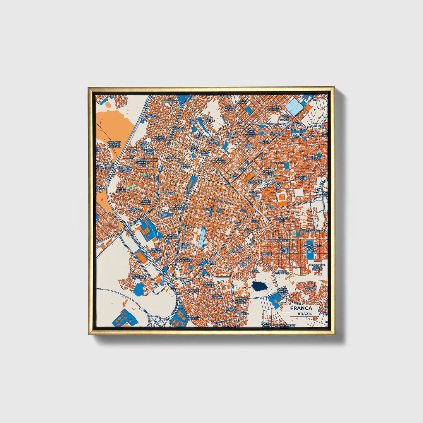Franca Brazil Colorful City Map Canvas Print • Gold Framed