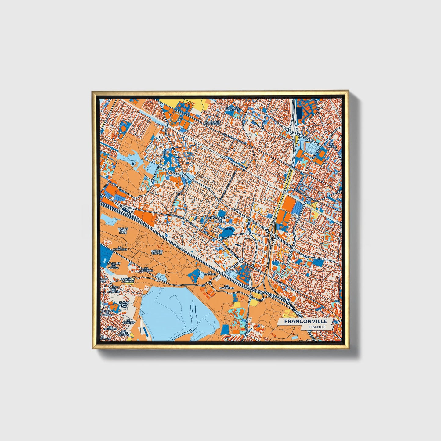 Franconville France Colorful City Map Canvas Print • Gold Framed