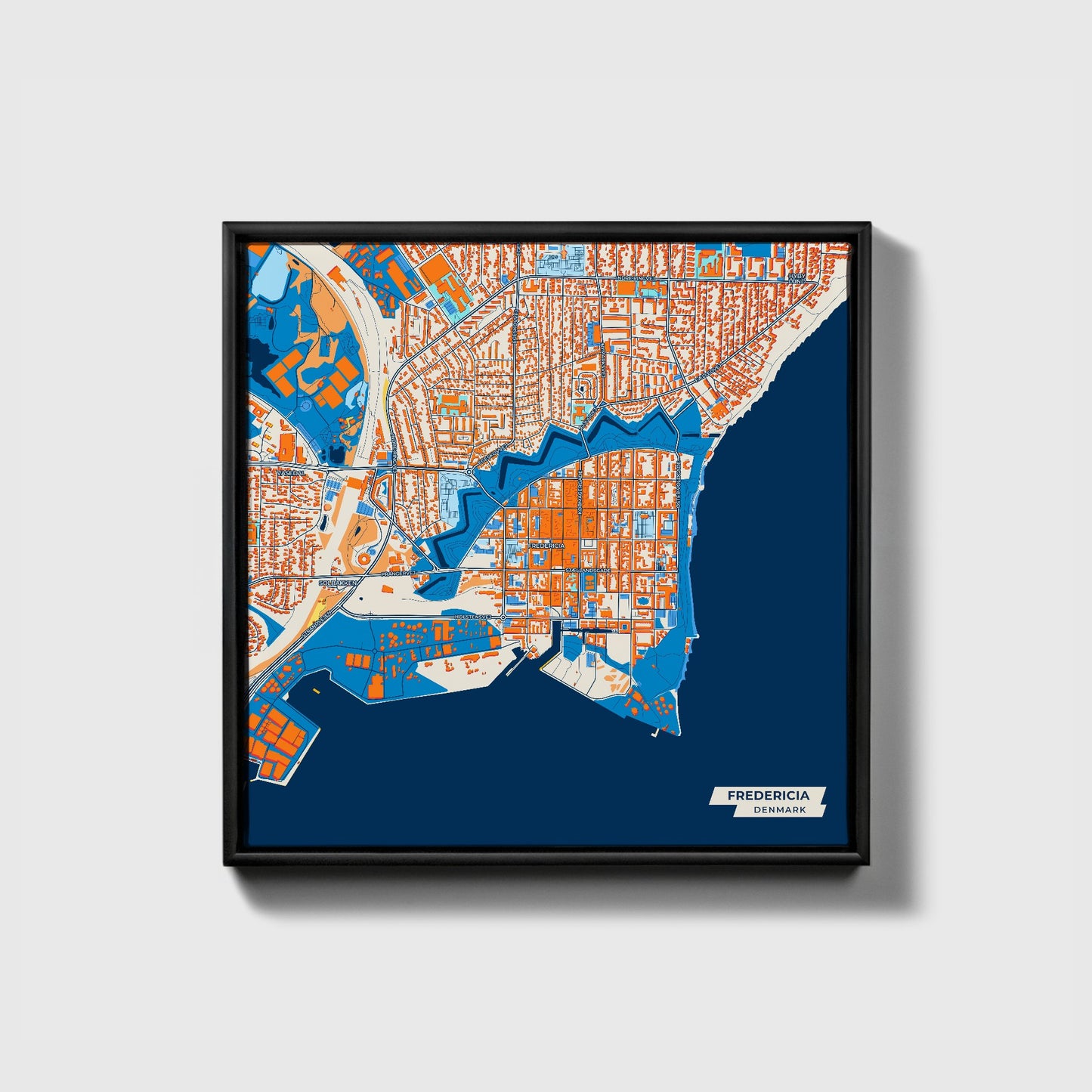 Fredericia Denmark Colorful City Map Canvas Print • Black Framed