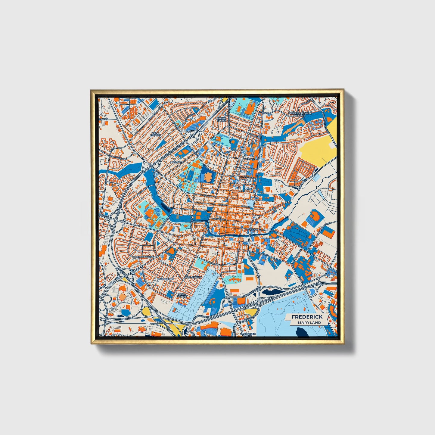 Frederick Maryland Colorful City Map Canvas Print • Gold Framed