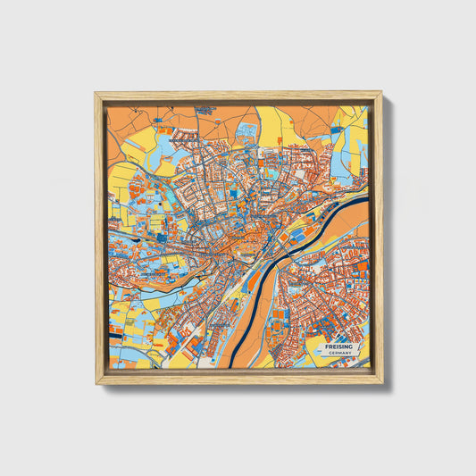 Freising Germany Colorful City Map Canvas Print • Natural Wooden Framed