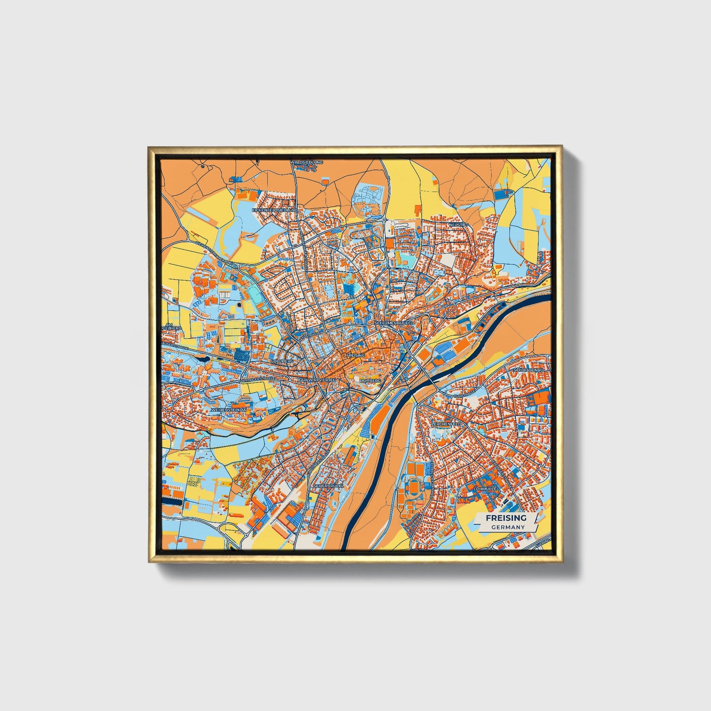 Freising Germany Colorful City Map Canvas Print • Gold Framed
