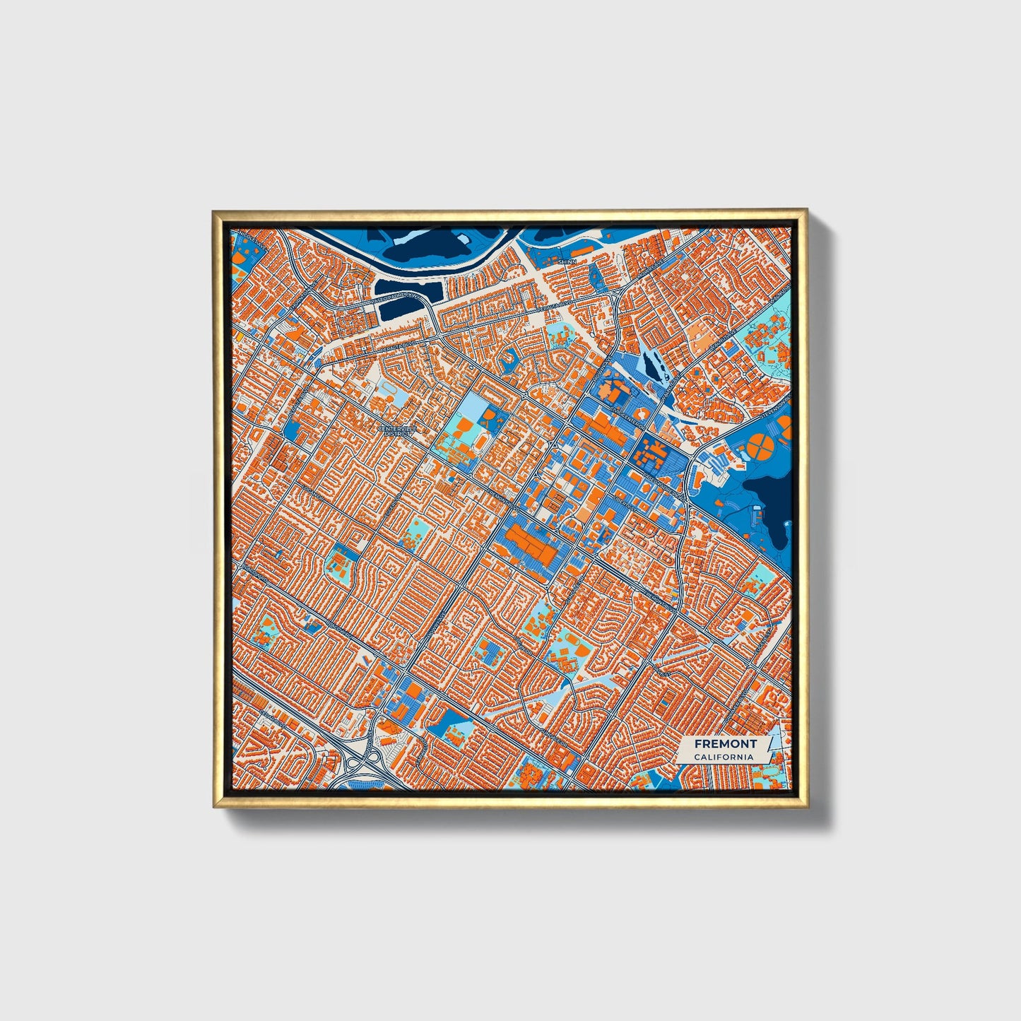 Fremont California Colorful City Map Canvas Print • Gold Framed