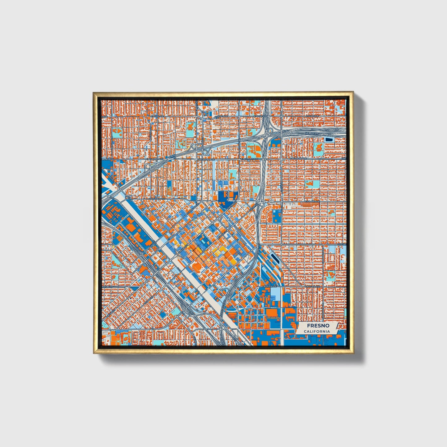 Fresno California Colorful City Map Canvas Print • Gold Framed