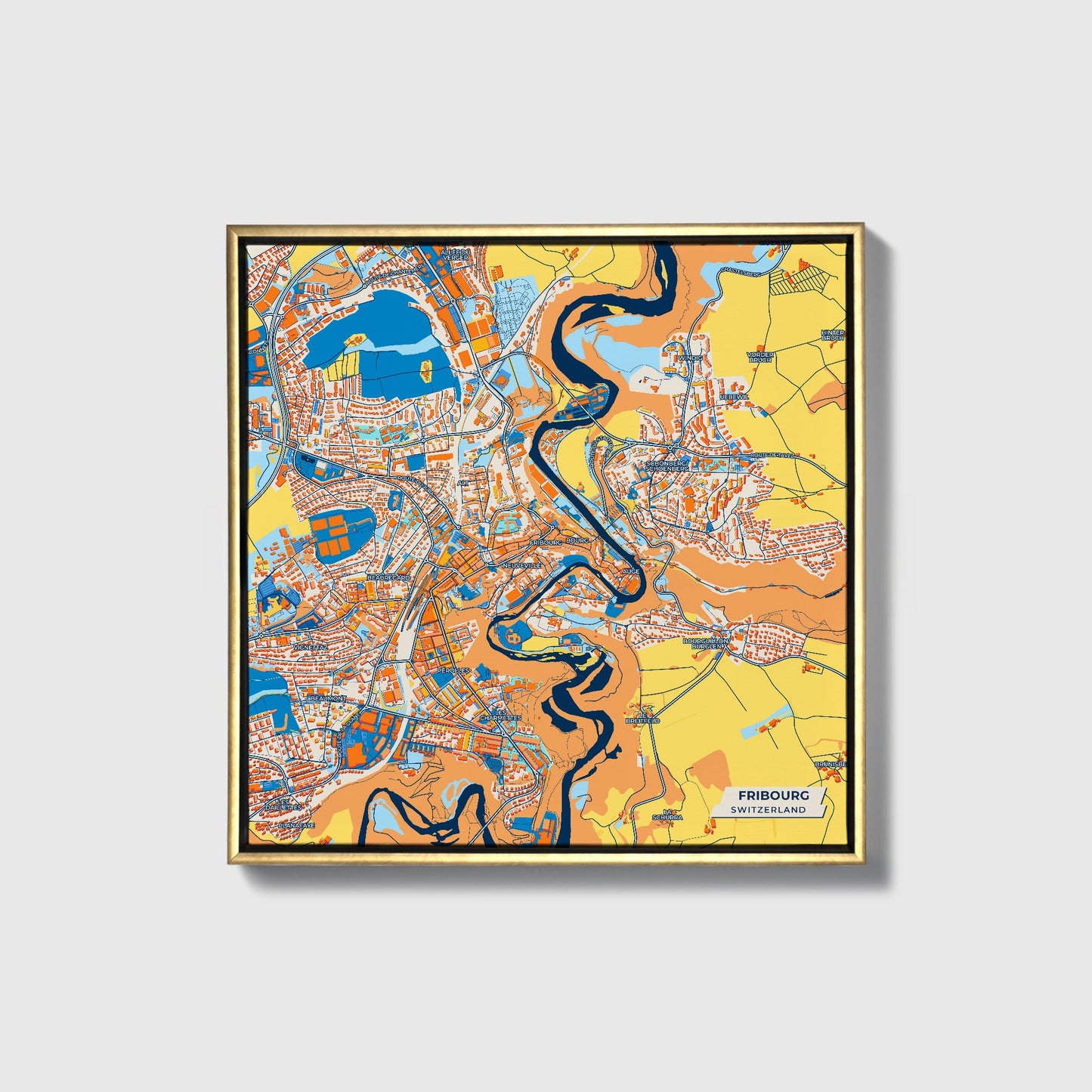 Fribourg Switzerland Colorful City Map Canvas Print • Gold Framed