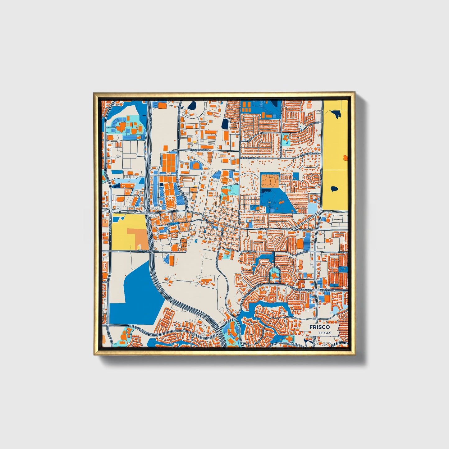 Frisco Texas Colorful City Map Canvas Print • Gold Framed