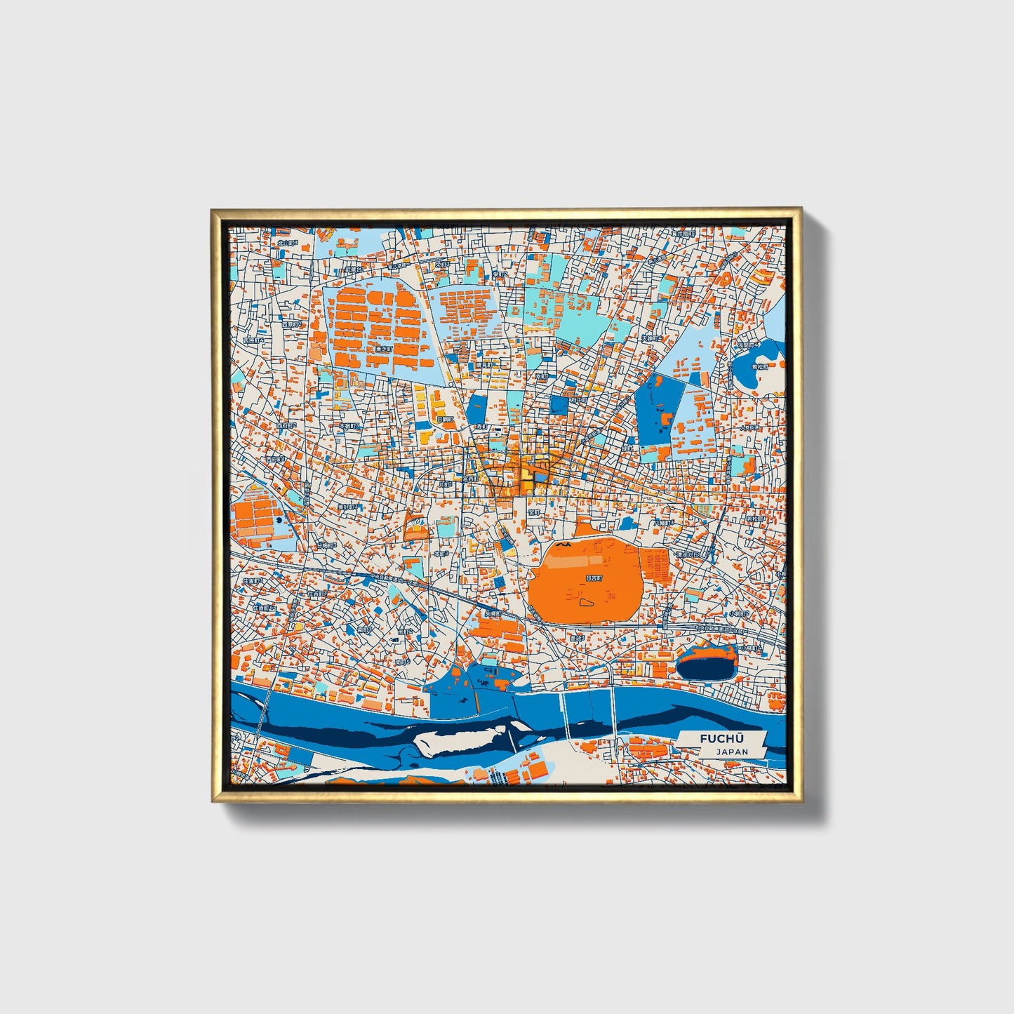 Fuchū Japan Colorful City Map Canvas Print • Gold Framed
