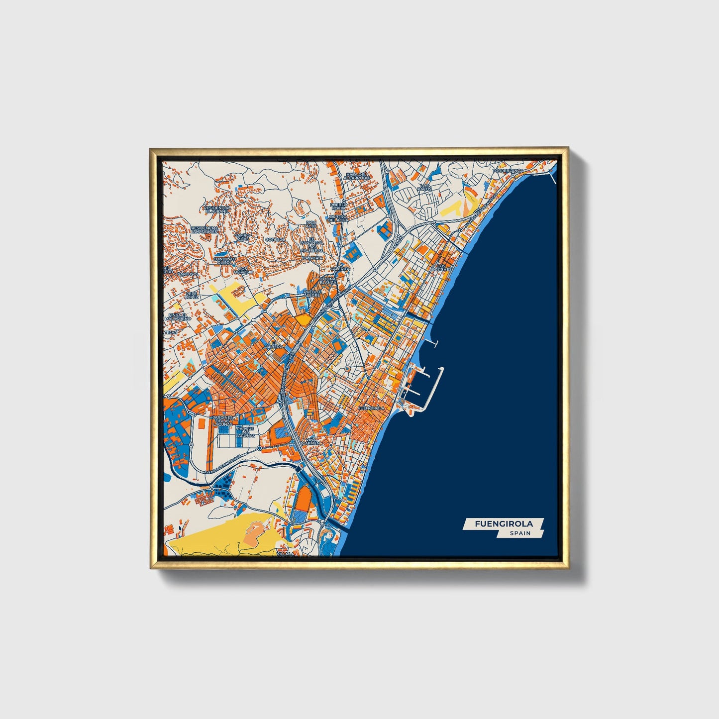 Fuengirola Spain Colorful City Map Canvas Print • Gold Framed