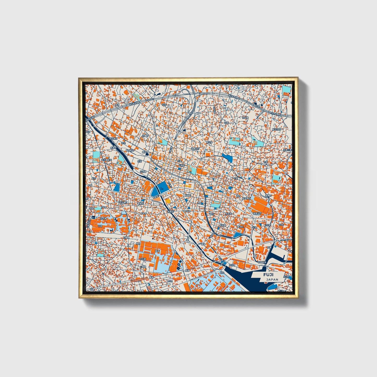 Fuji Japan Colorful City Map Canvas Print • Gold Framed