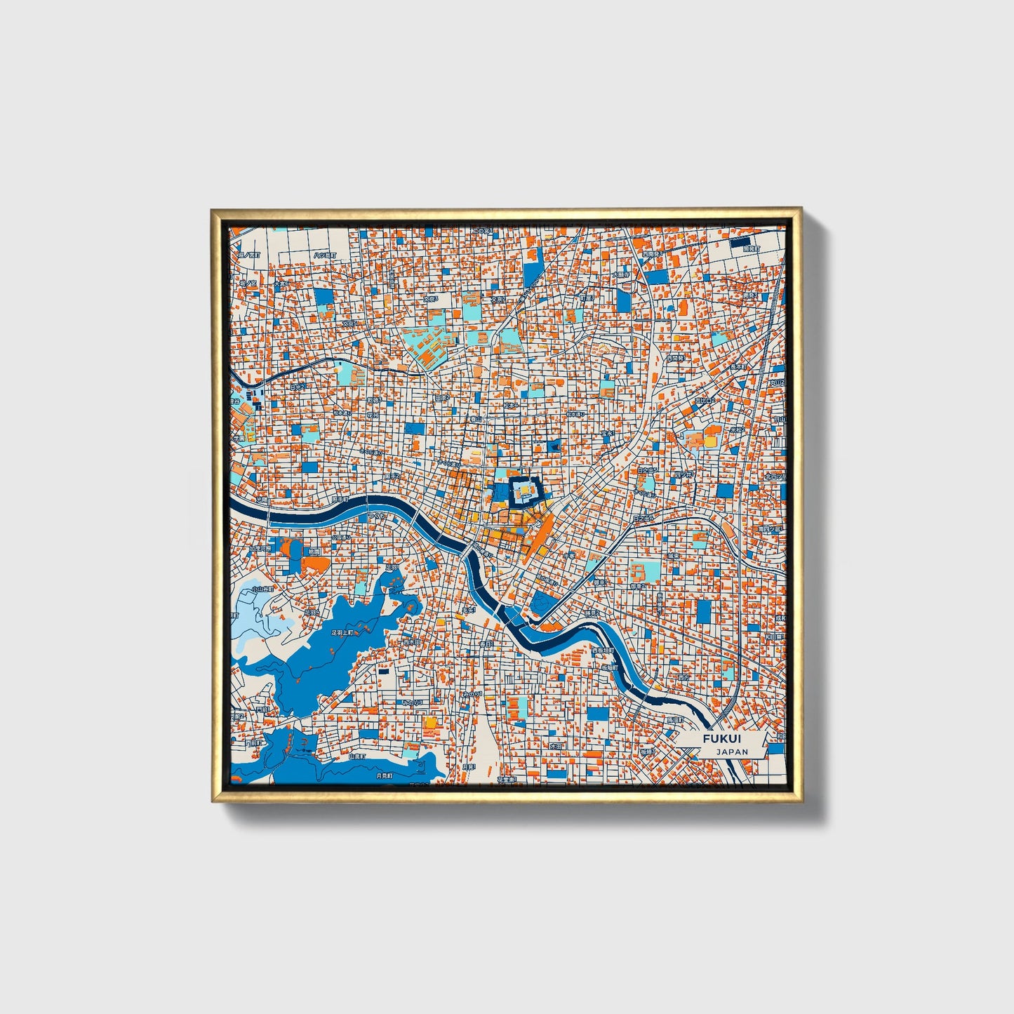 Fukui Japan Colorful City Map Canvas Print • Gold Framed