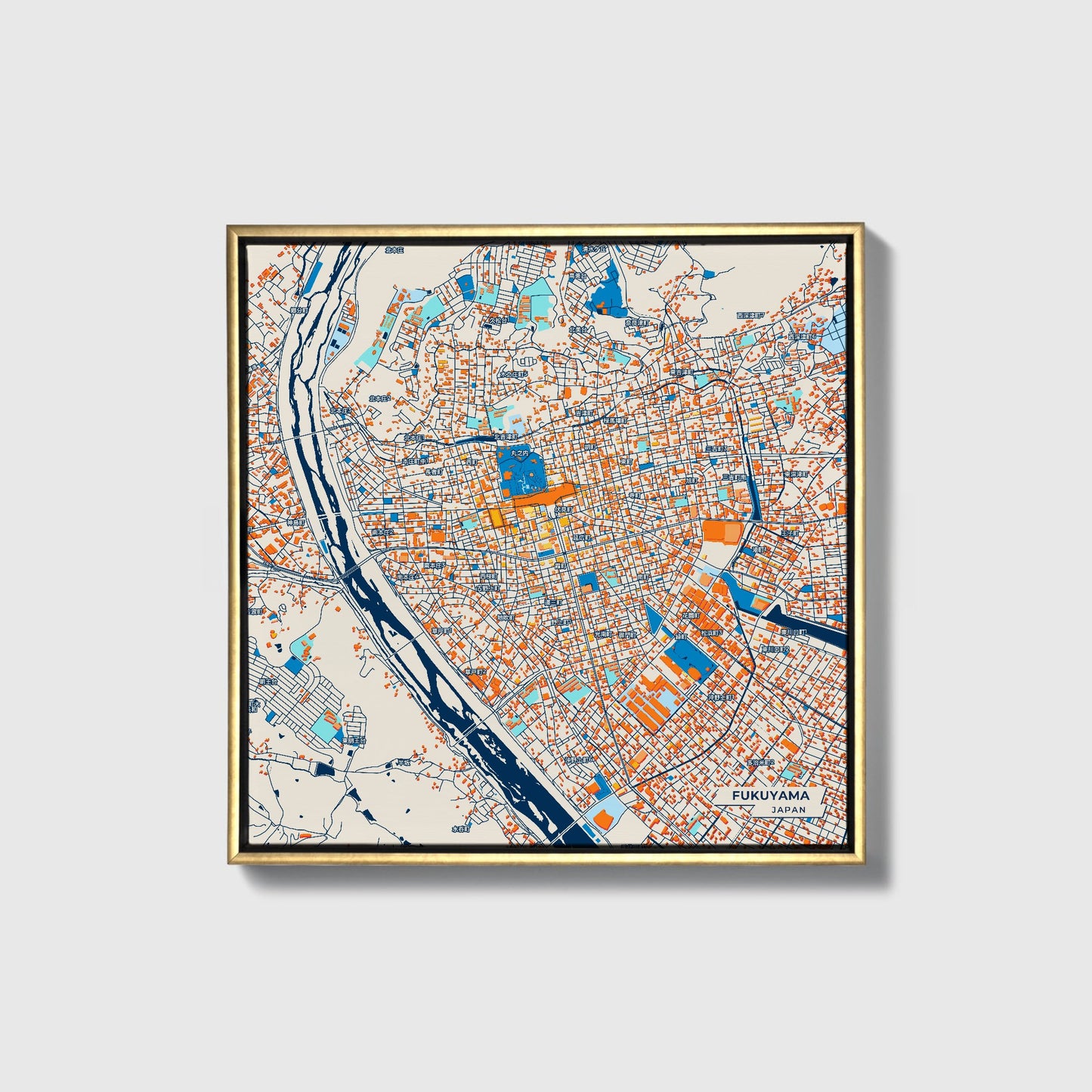 Fukuyama Japan Colorful City Map Canvas Print • Gold Framed