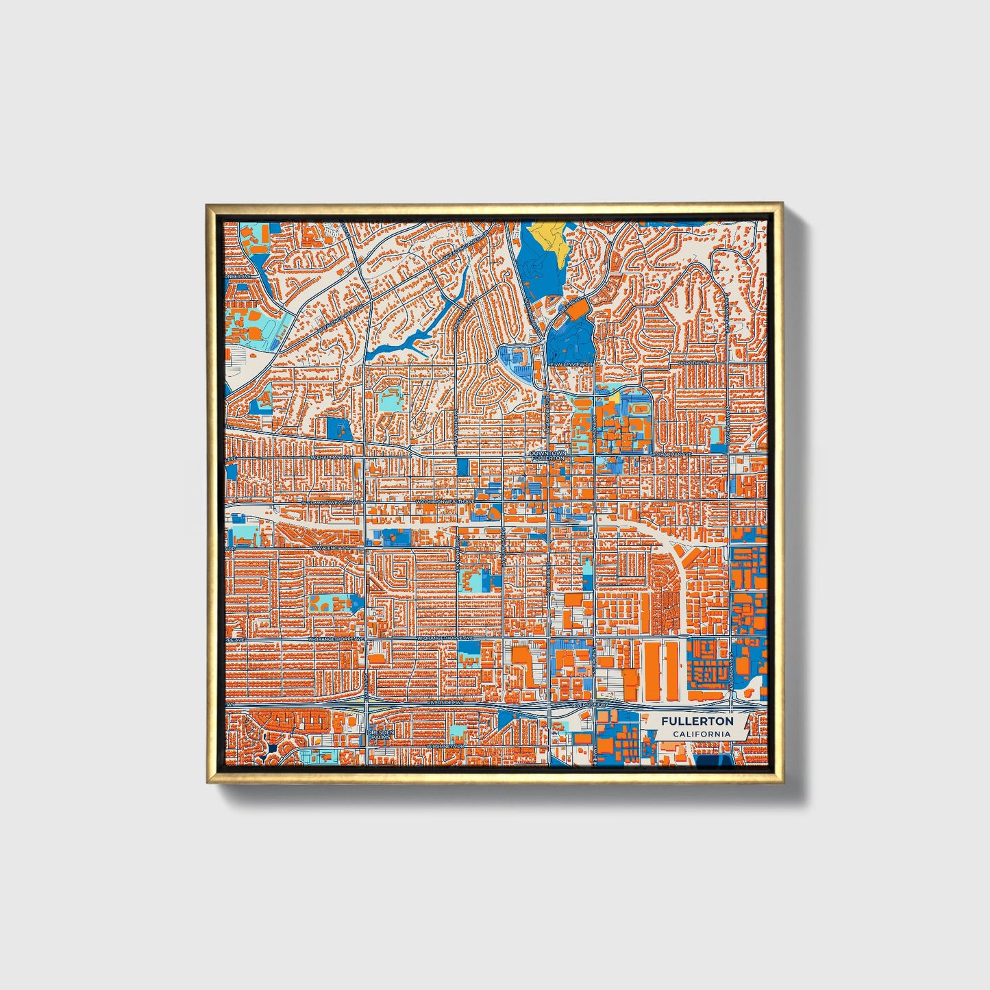 Fullerton California Colorful City Map Canvas Print • Gold Framed