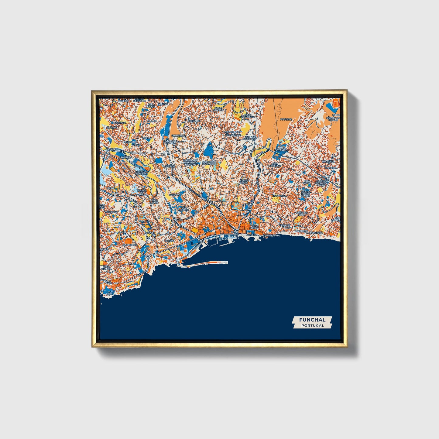 Funchal Portugal Colorful City Map Canvas Print • Gold Framed